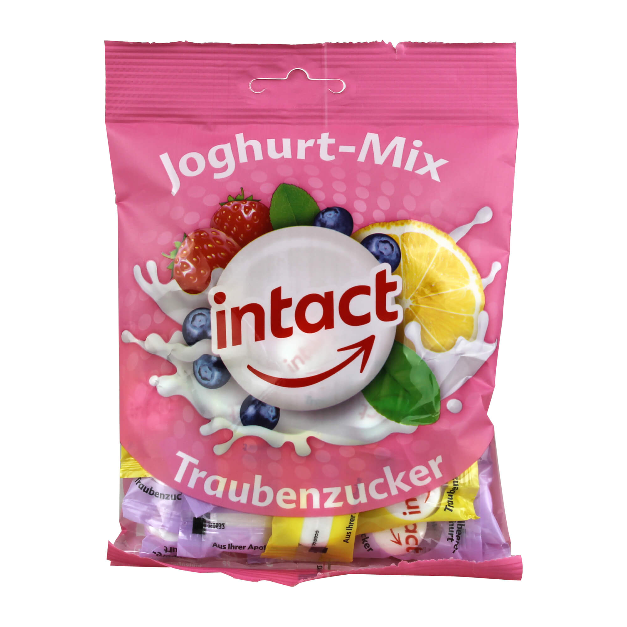 Traubenzuckerbonbons mit Erdbeer-Joghurt-, Heidelbeer-Joghurt- und Zitrone-Joghurt-Geschmack.