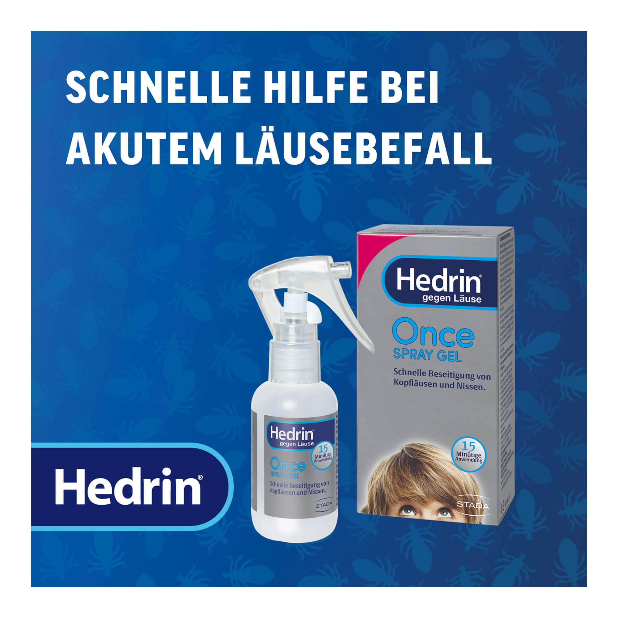 Grafik Hedrin Once Spray Gel gegen Kopfläuse und Nissen Schnelle Hilfe bei aktuem Läusebefall