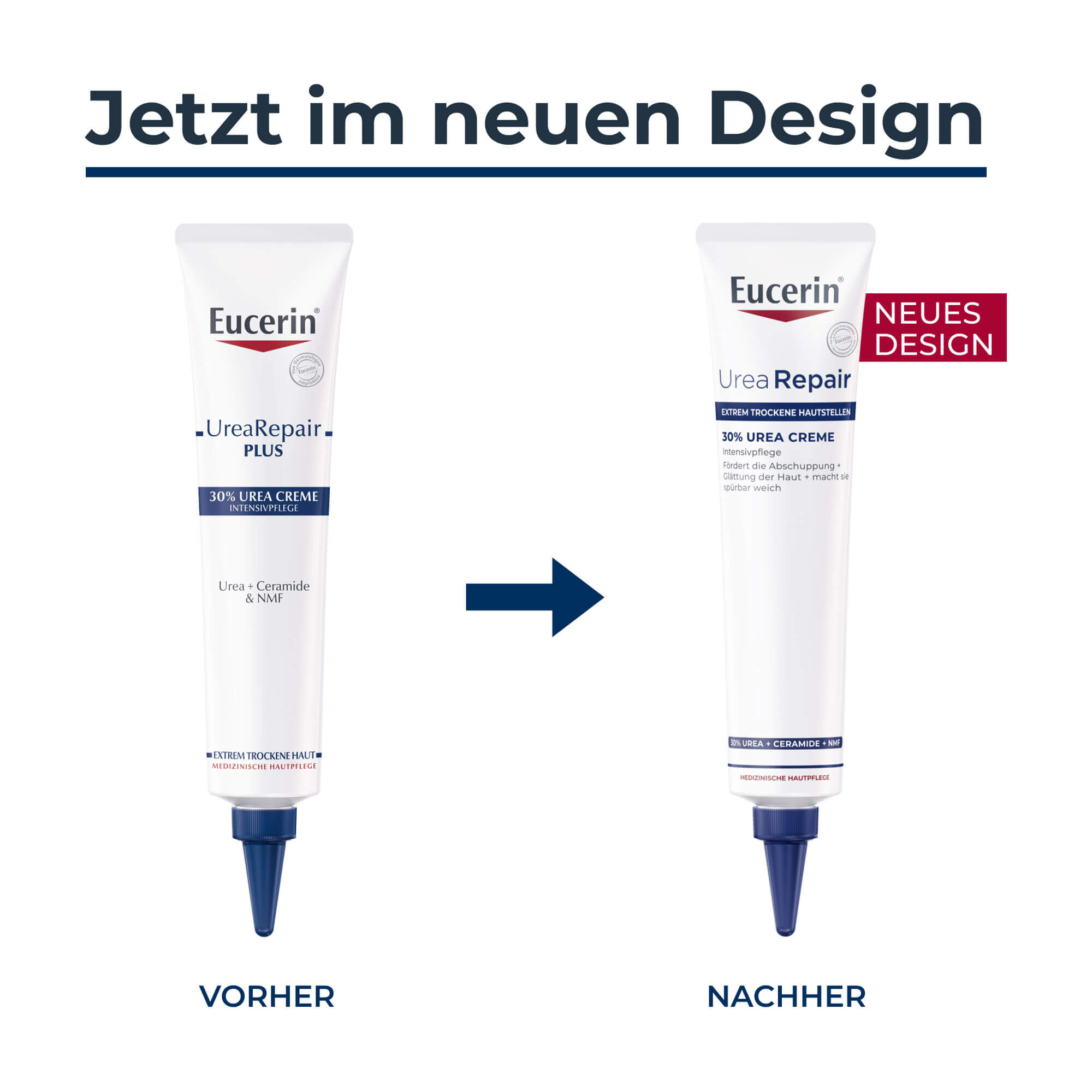 Grafik Eucerin UreaRepair Plus Intensivpflege 30% Creme Änderung des Packungsdesigns