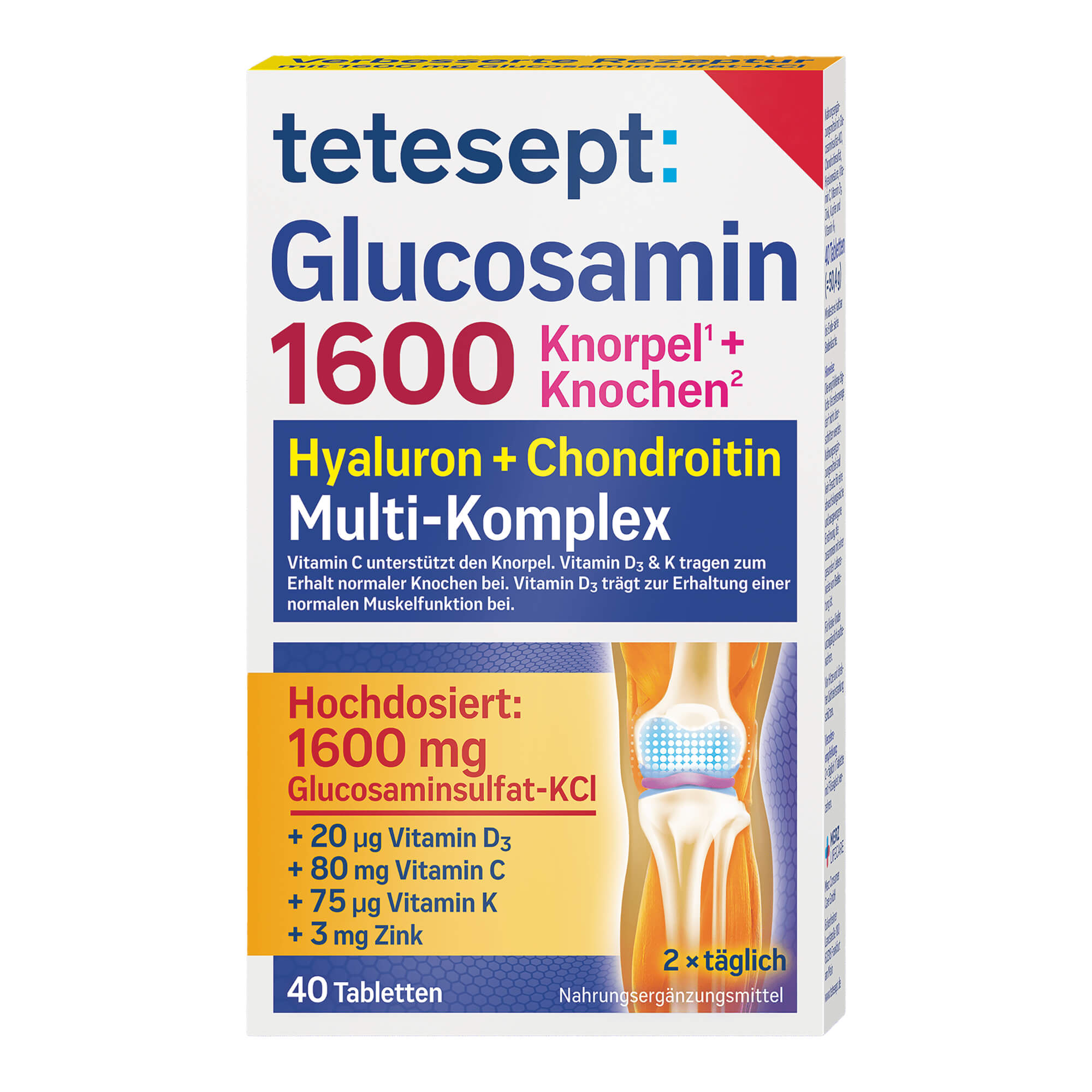 Nahrungsergänzungsmittel mit Glucosaminsulfat-KCl, Chondroitinsulfat, Hyaluronsäure, Zink, Kupfer sowie Vitamin D3, C, K. Für Erwachsene.