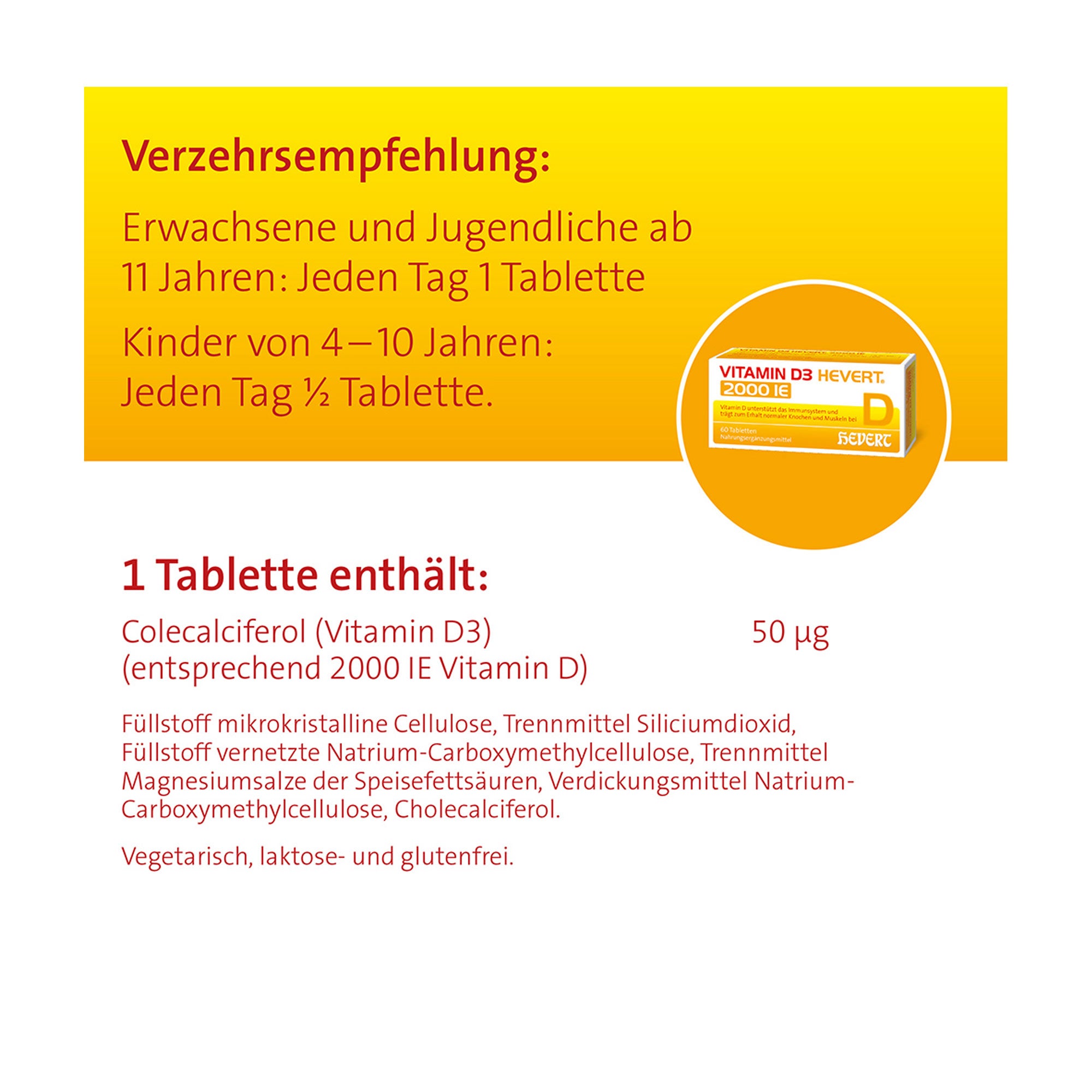 Grafik Vitamin D3 Hevert 2.000 I.E. Tabletten Verzehrsempfehlung und Zusammensetzung