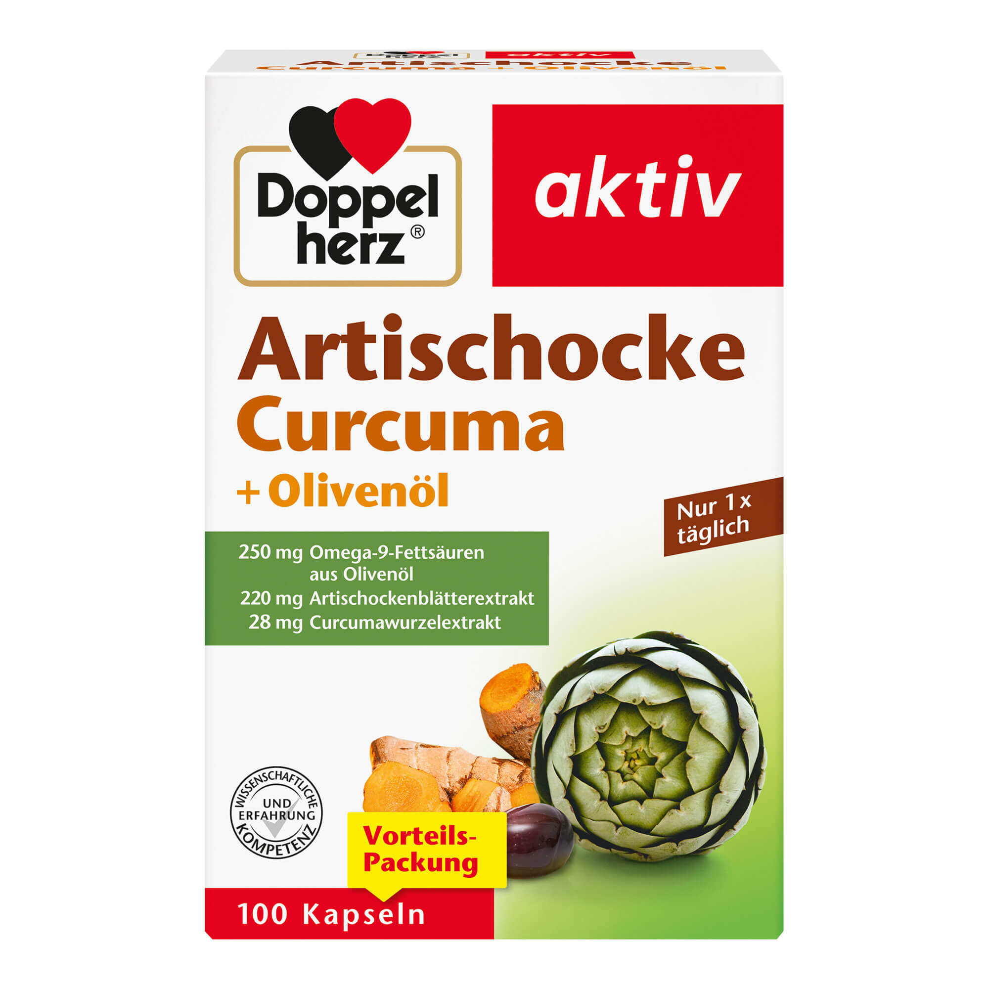 Nahrungsergänzungsmittel mit Artischockenextrakt, Olivenöl und Curcumaextrakt.