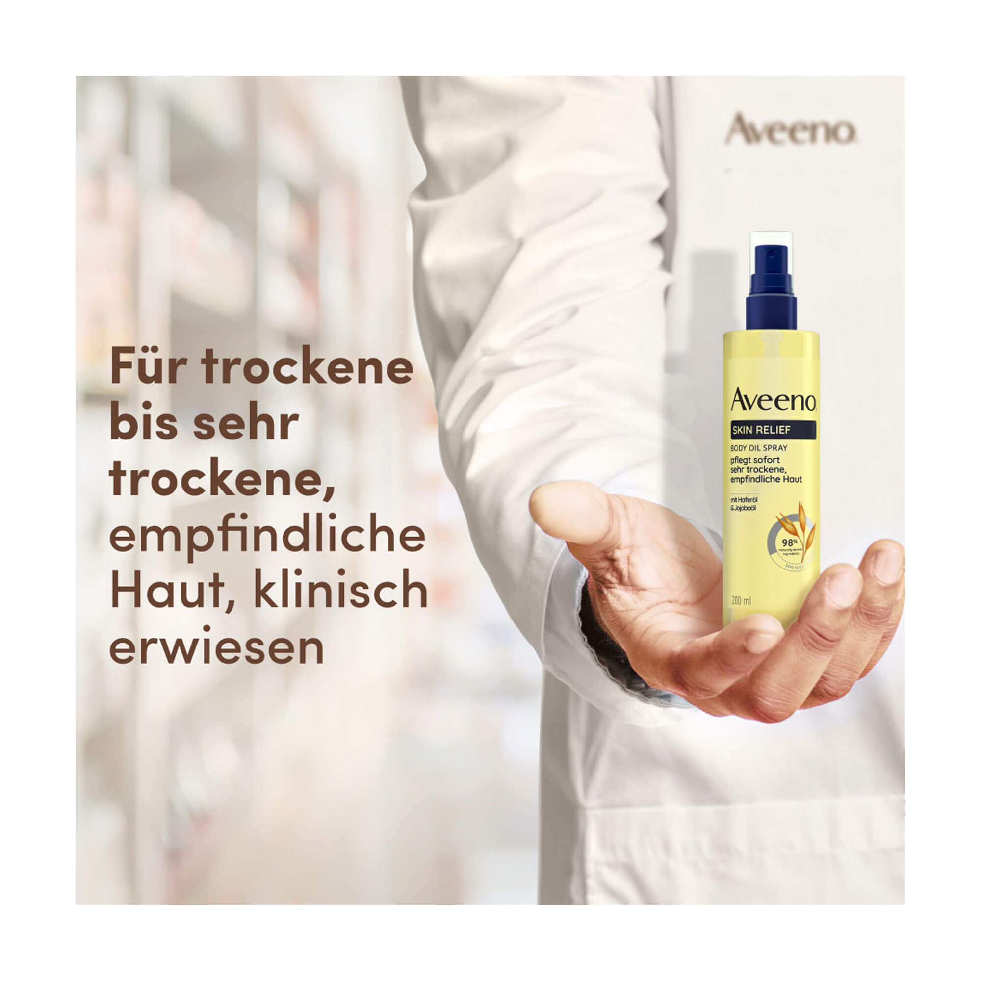 Grafik Aveeno Skin Relief Körperöl-Spray Für trockene bis sehr trockene, empfindliche Haut. Klinisch erwiesen.