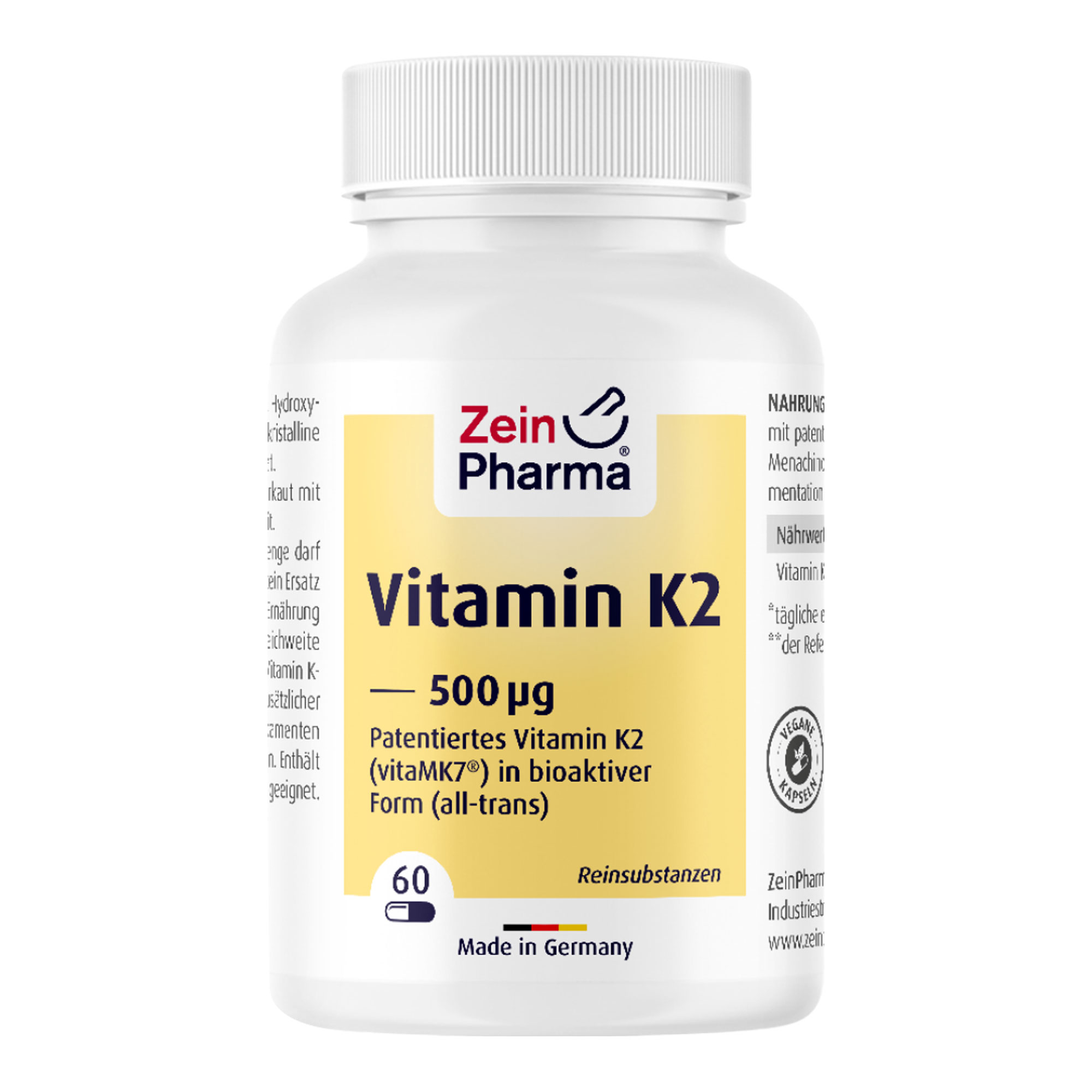 Nahrungsergänzungsmittel mit patentiertem Vitamin K2 (vitaMK7®) als Menachinon-7 (all-trans) aus natürlicher Fermentation in veganen Kapseln.