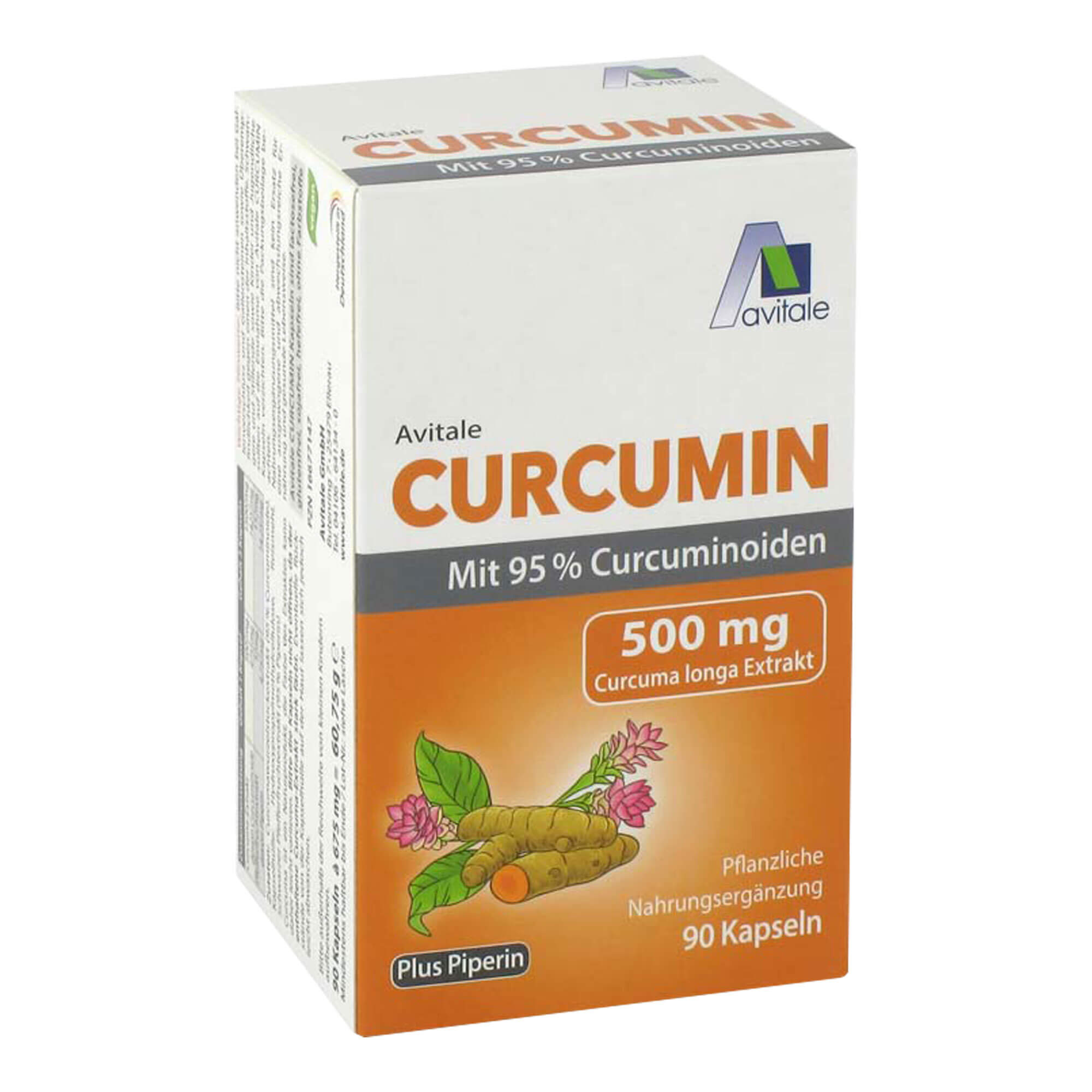 Nahrungsergänzungsmittel mit 500 mg Curcuma longa Extrakt und Piperin.