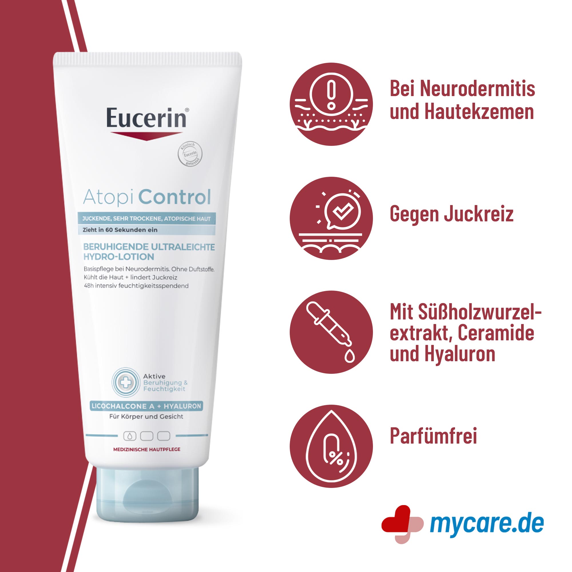 Infografik Eucerin AtopiControl Ultraleichte Hydro-Lotion Eigenschaften