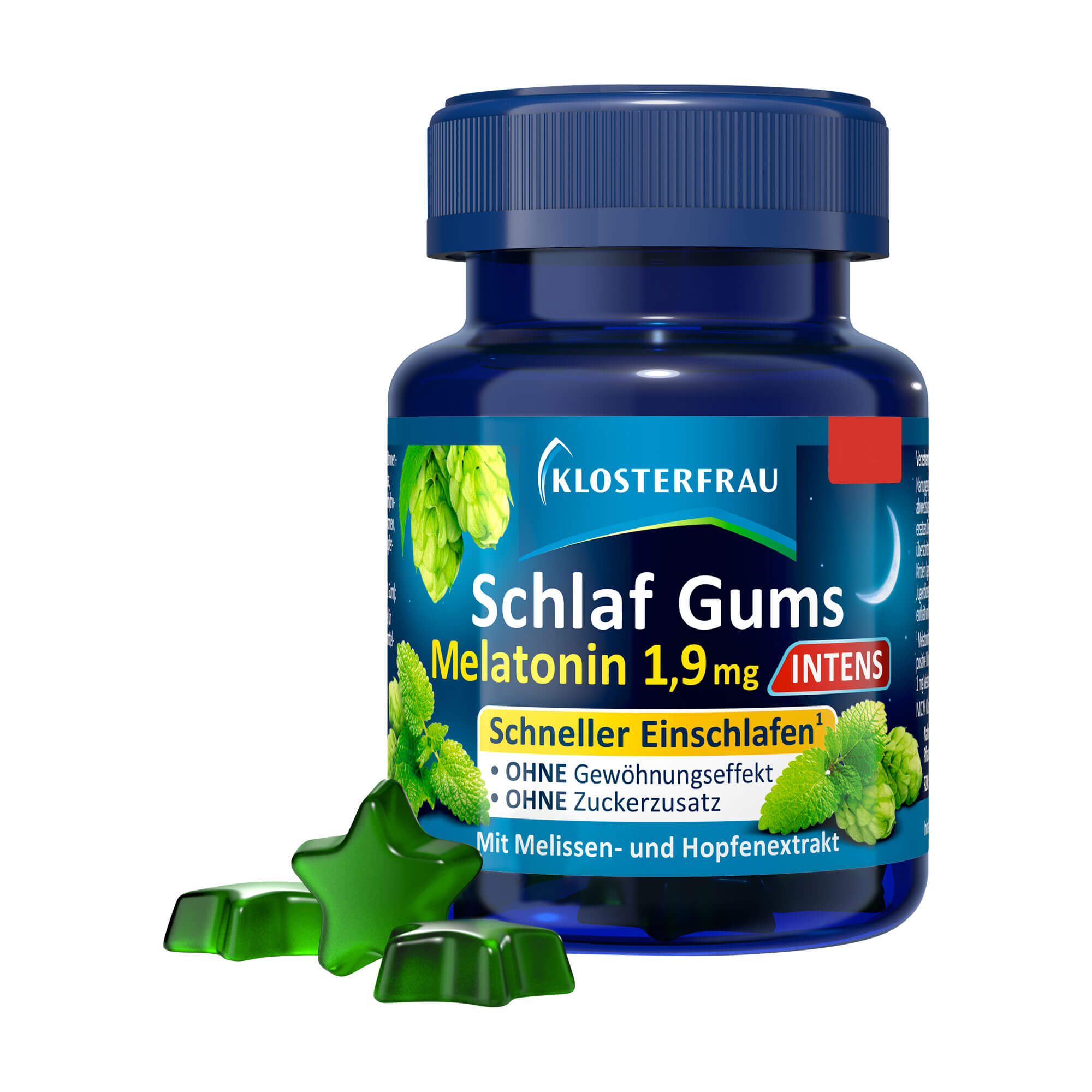 Nahrungsergänzungsmittel mit Vitamin B6, Pflanzenextrakten und Melatonin. Unterstützen schnelleres Einschlafen durch das enthaltene Melatonin.