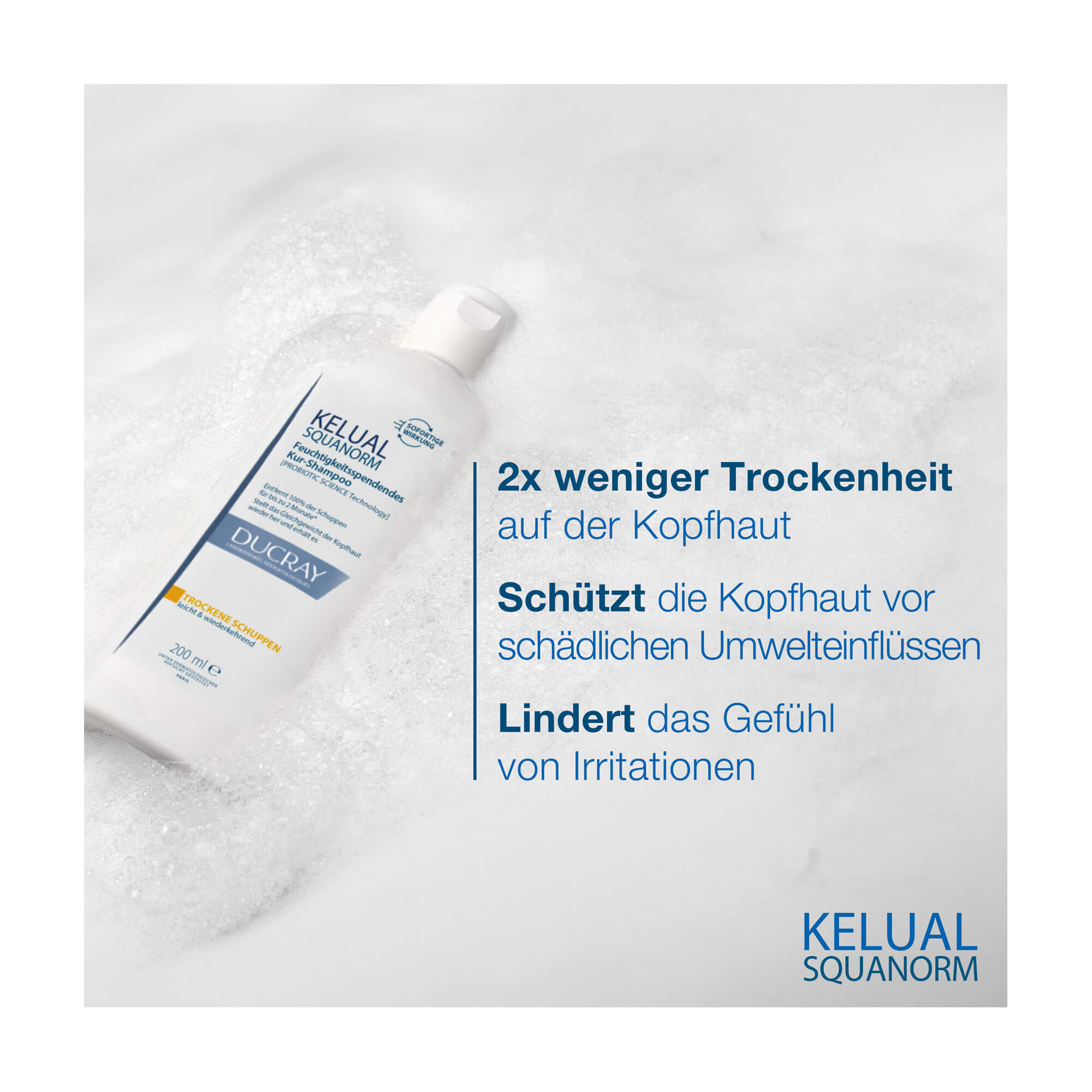 Grafik Ducray Kelual Squanorm Shampoo Trockene Schuppen 2x weniger Trockenheit auf der Kopfhaut. Schützt die Kopfhaut vor schädlichen Umwelteinflüssen