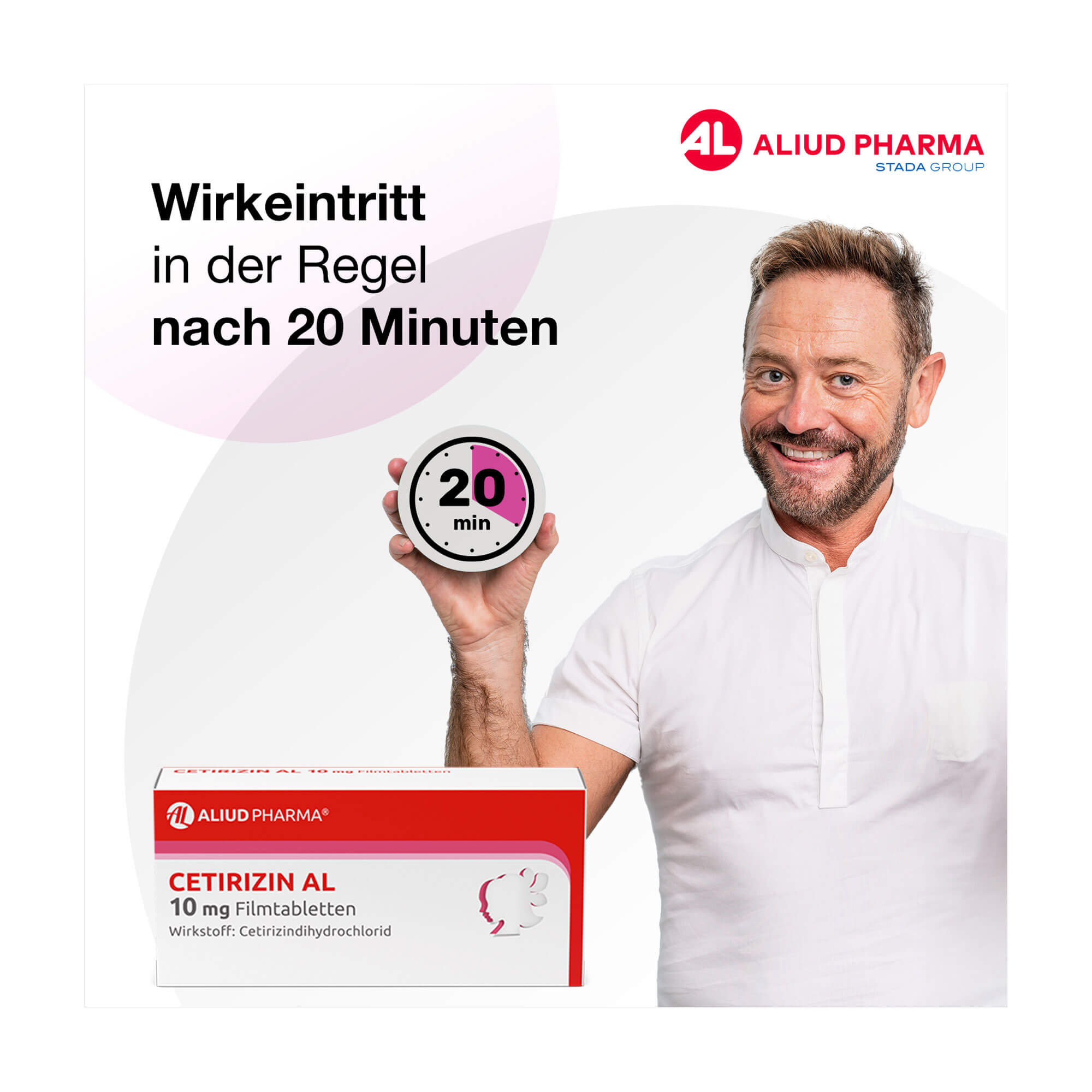 Grafik Cetirizin AL 10 mg Filmtabletten Wirkeintritt in der Regel nach 20 Minuten