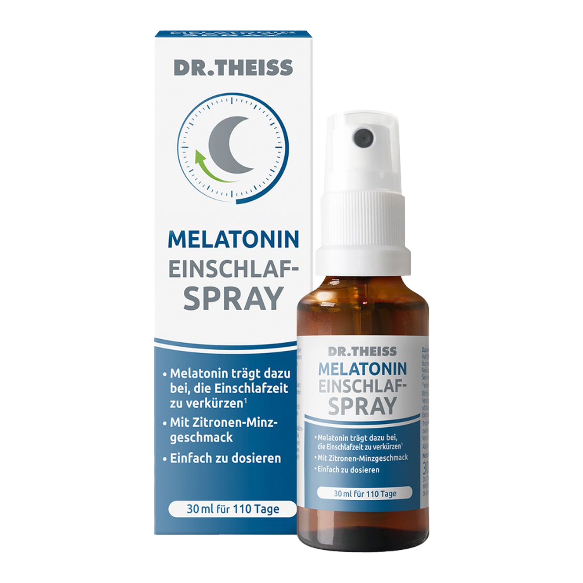 Melatonin-Spray mit Zitronen-Minzgeschmack zur Anwendung bei Einschlafstörungen. Mit Passionsblume.