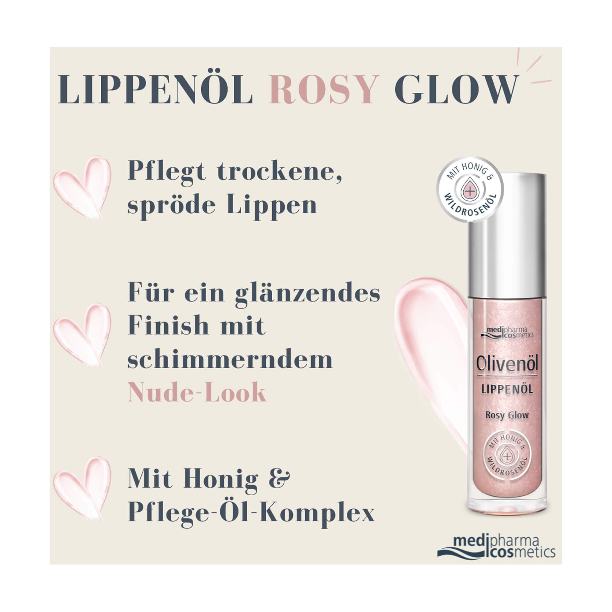 Grafik Olivenöl Lippenöl Rosy Glow Pflegt trockene, spröde Lippen