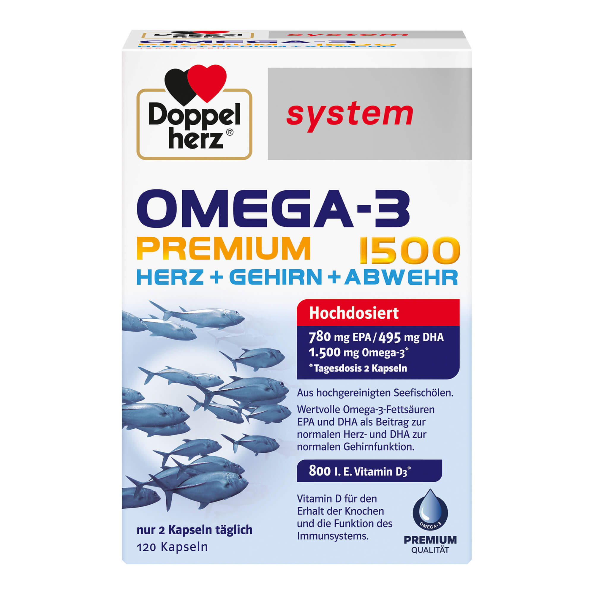 Nahrungsergänzungsmittel mit Omega-3 Konzentrat aus Seefischölen und Vitamin D und E.