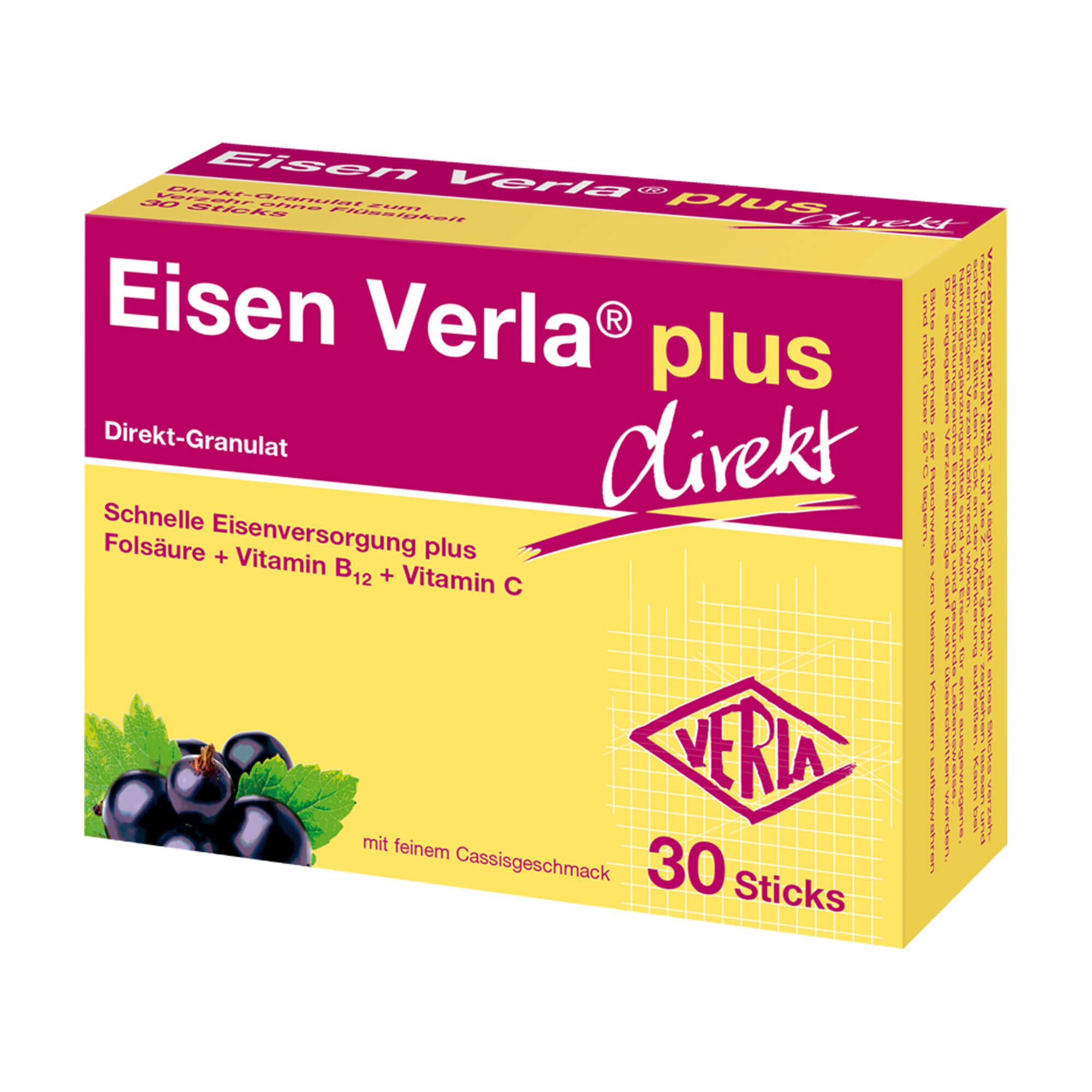 Nahrungsergänzungsmittel mit Eisen plus Folsäure + Vitamin B12 + Vitamin C. Feiner Cassisgeschmack.