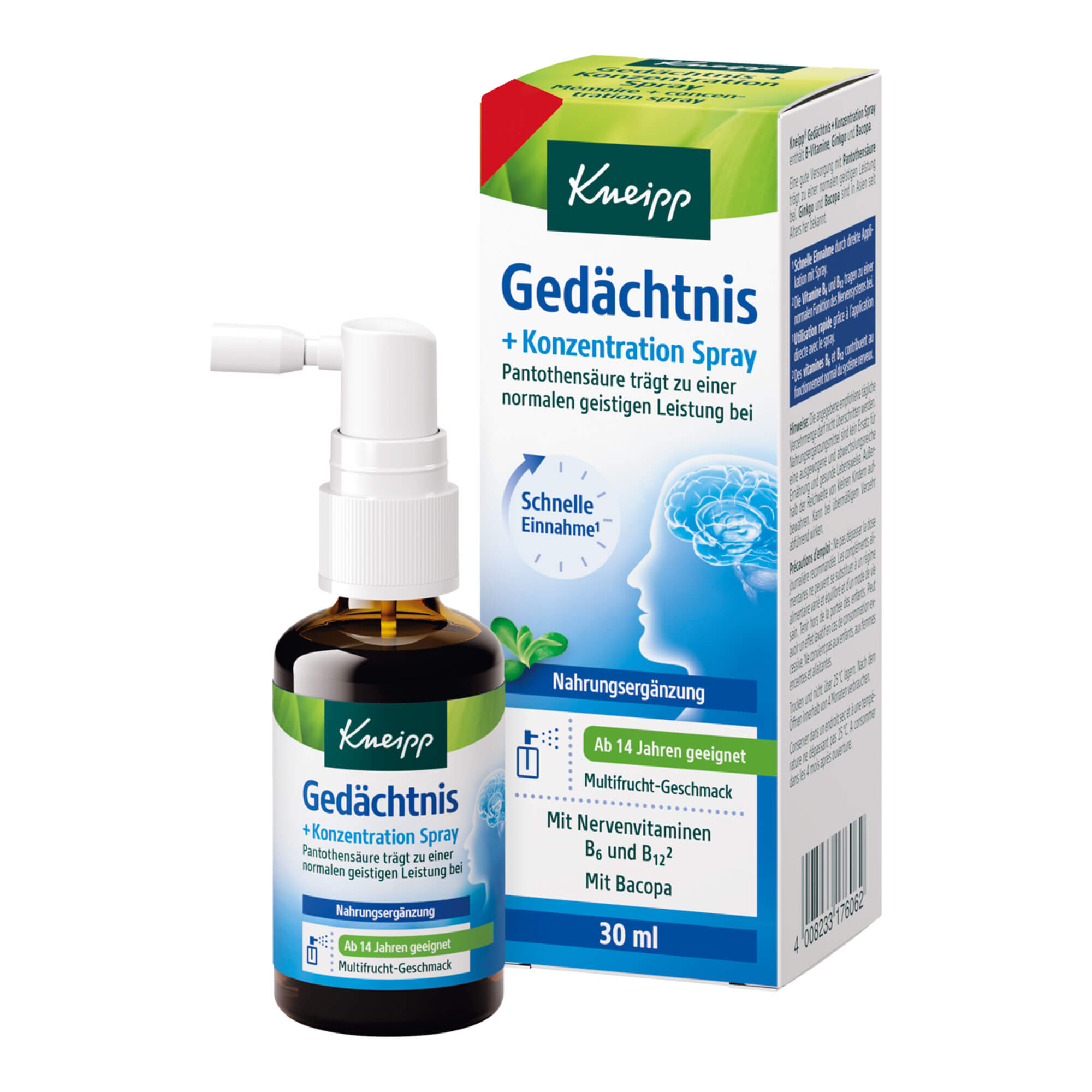 Nahrungsergänzungsmittel mit B-Vitamine, Ginkgo und Bacopa. Ab 14 Jahren geeignet. Mit Multifrucht-Geschmack.