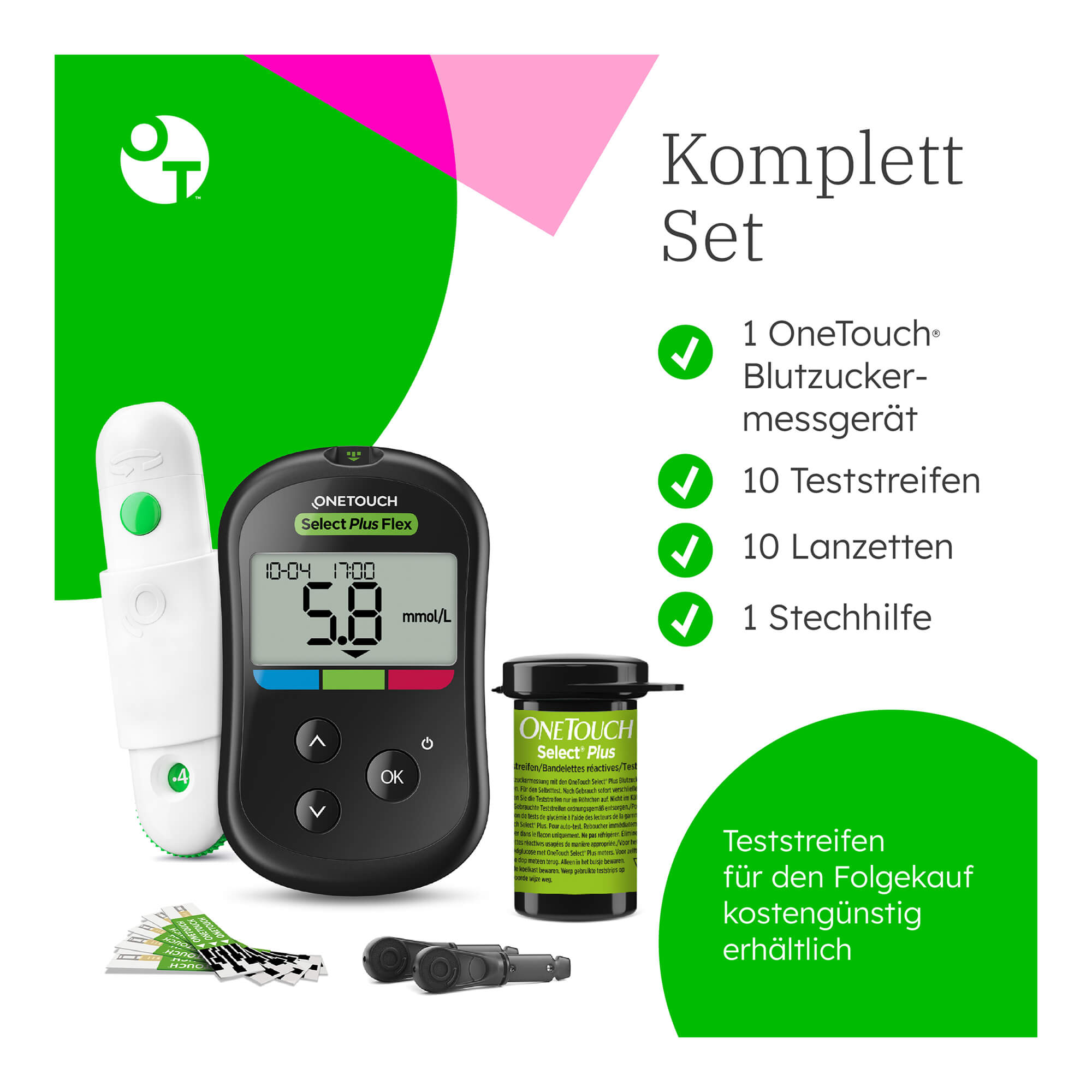 Grafik OneTouch Select Plus Flex Blutzucker-Messgerät (mmol/L) Lieferumfang