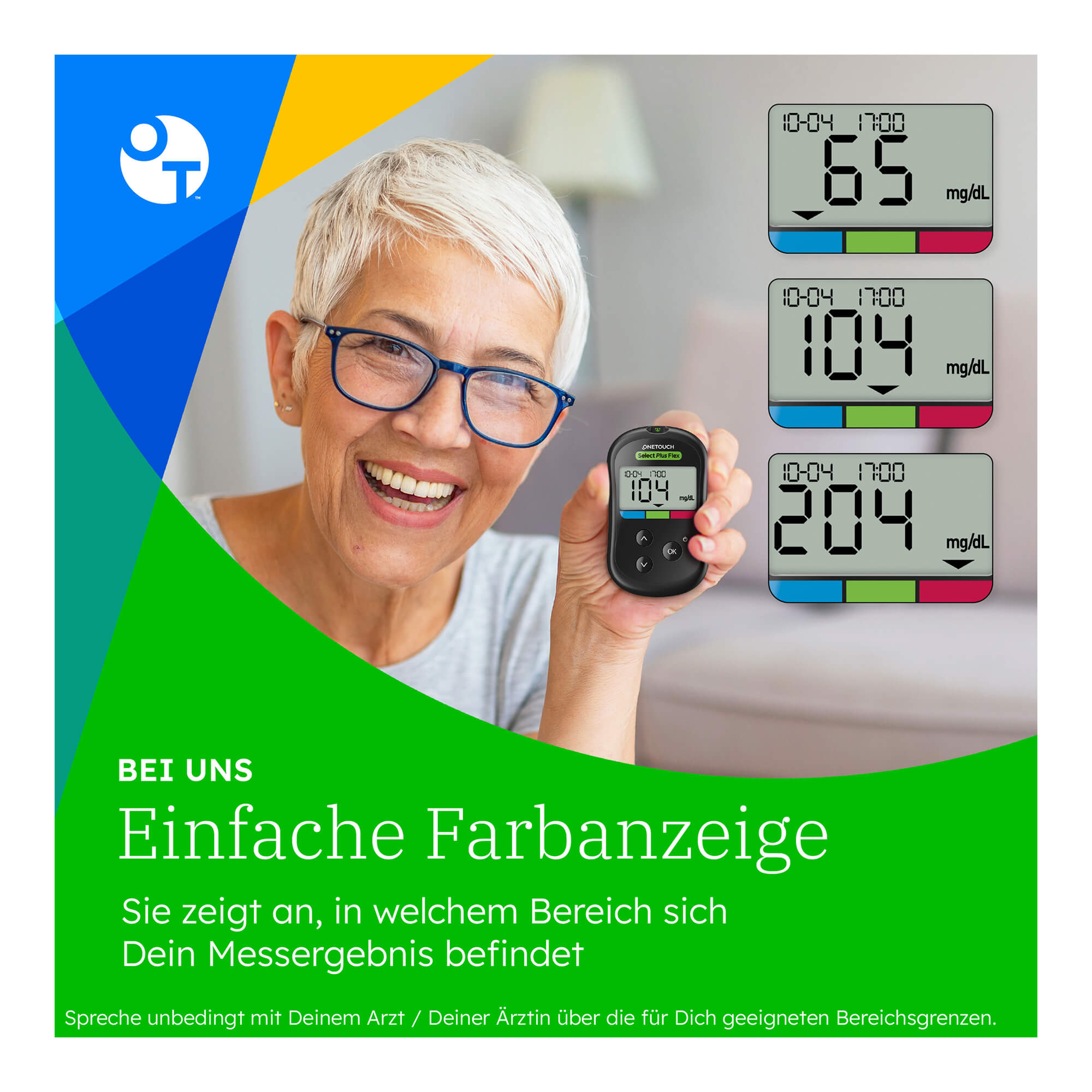 Grafik OneTouch Select Plus Flex Blutzucker-Messgerät (mg/dL) Einfache Farbanzeige