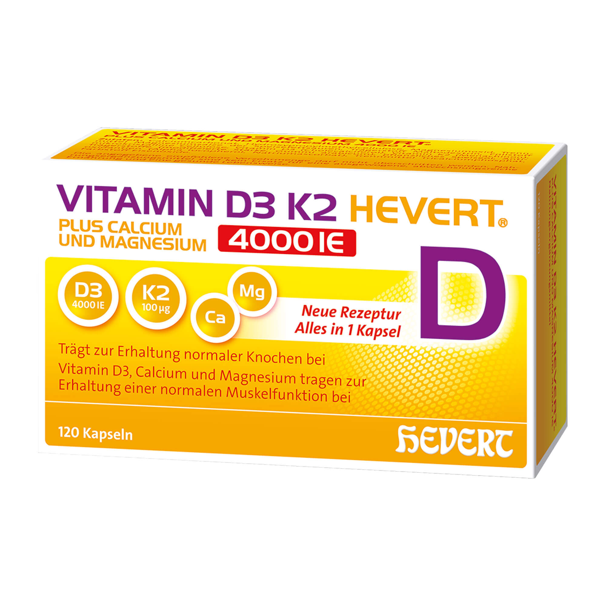 Nahrungsergänzungsmittel mit Vitamin D3, K2, Magnesium und Calcium zur Stärkung von Knochen- und Muskelfunktion.