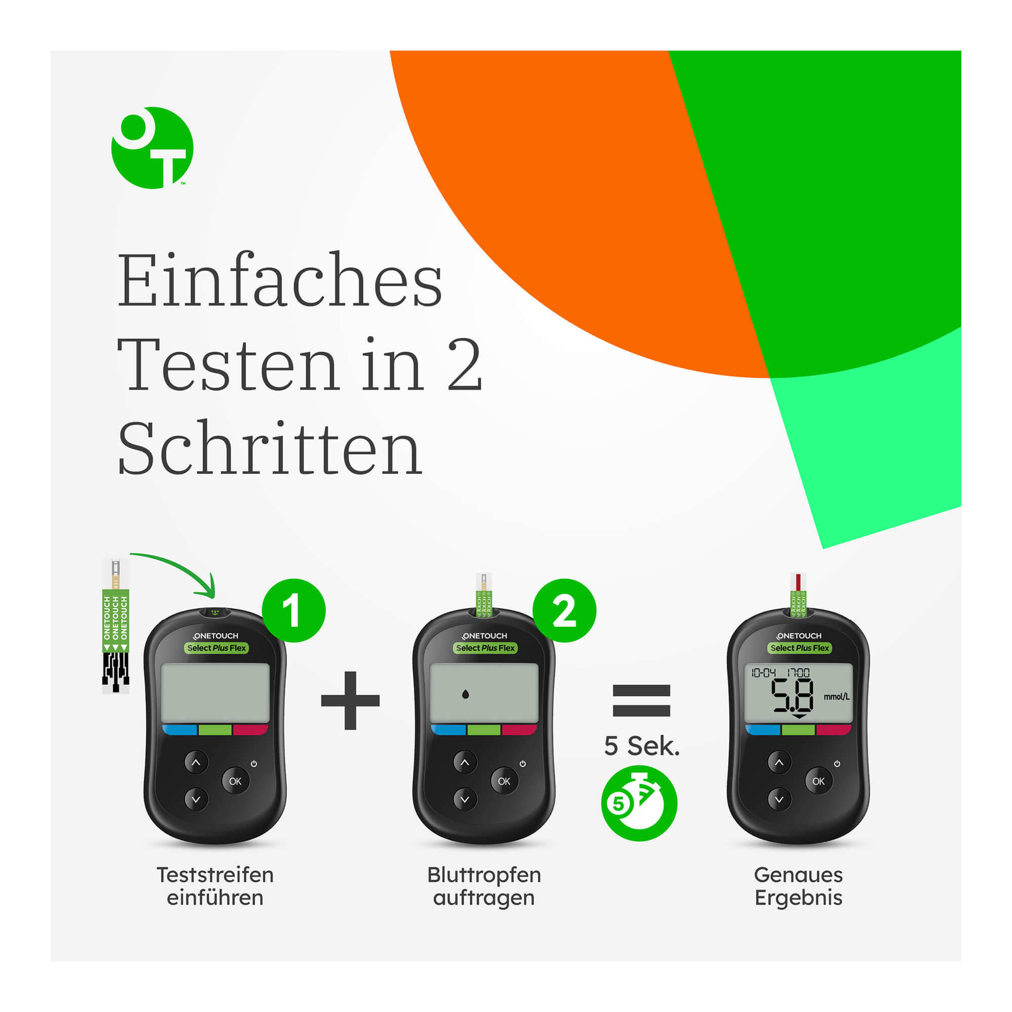 Grafik OneTouch Select Plus Flex Blutzucker-Messgerät (mmol/L) Einfaches Testen in 2 Schritten