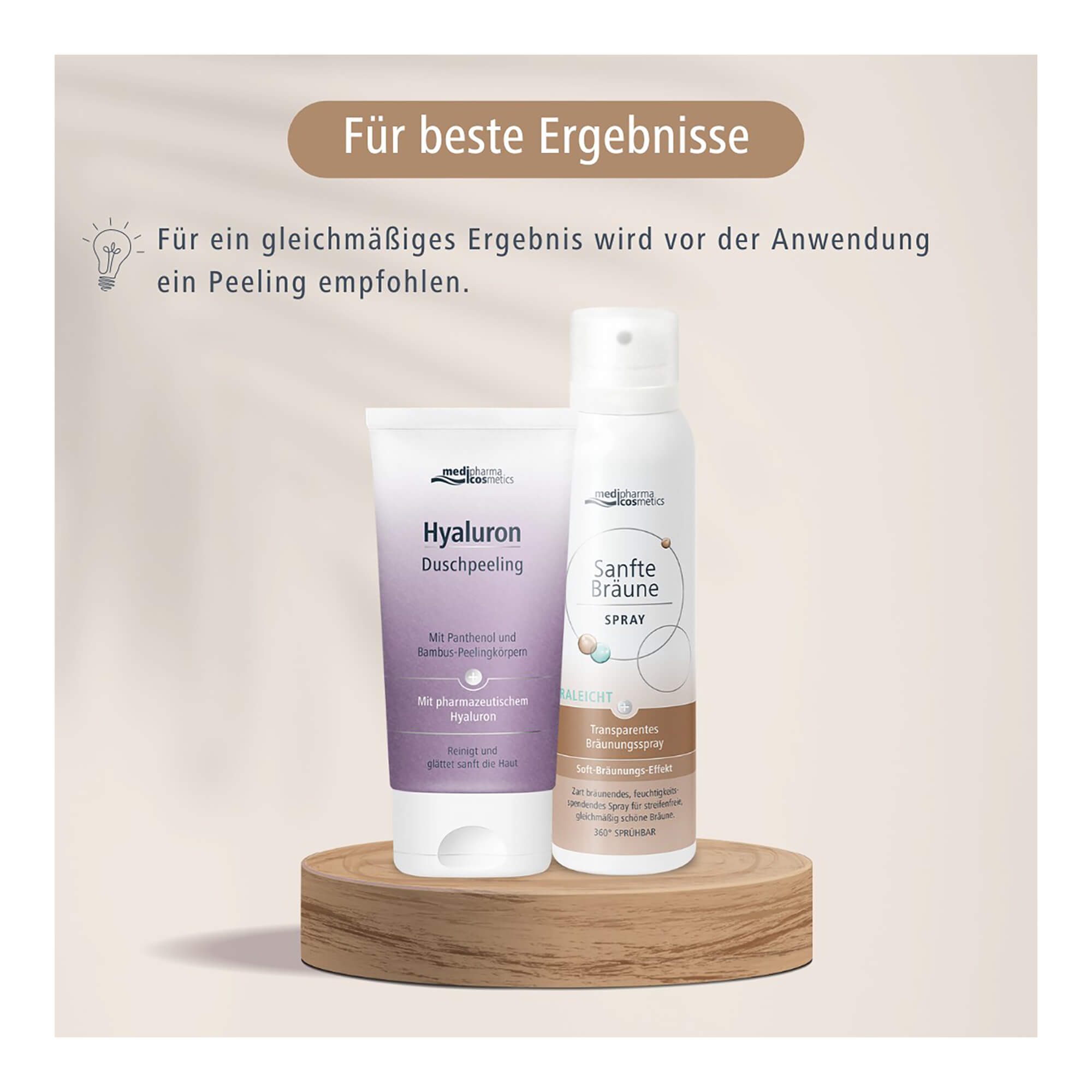 Grafik Hyaluron Sanfte Bräune Aerosol Spray Für ein gleichmäßiges Ergebnis wird vor der Anwendung ein Peeling empfohlen