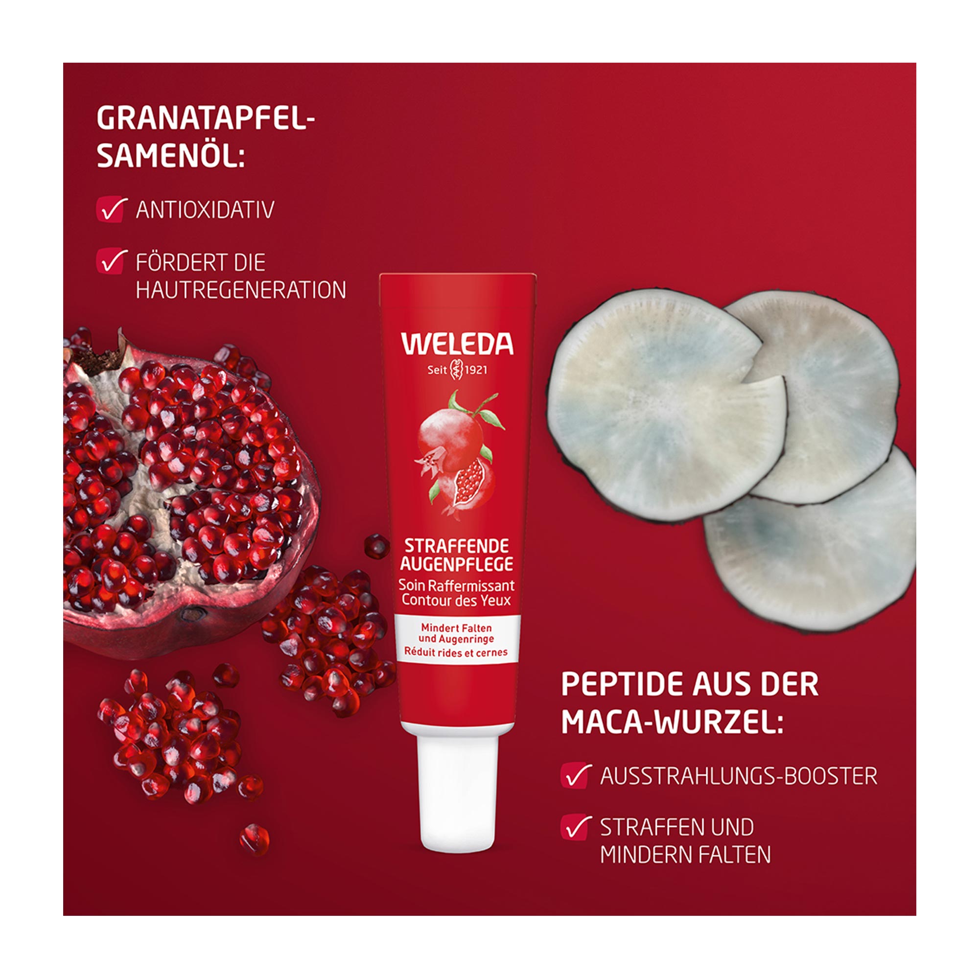 Grafik Weleda Straffende Augenpflege Granatapfel & Maca-Peptide Wirkstoffe