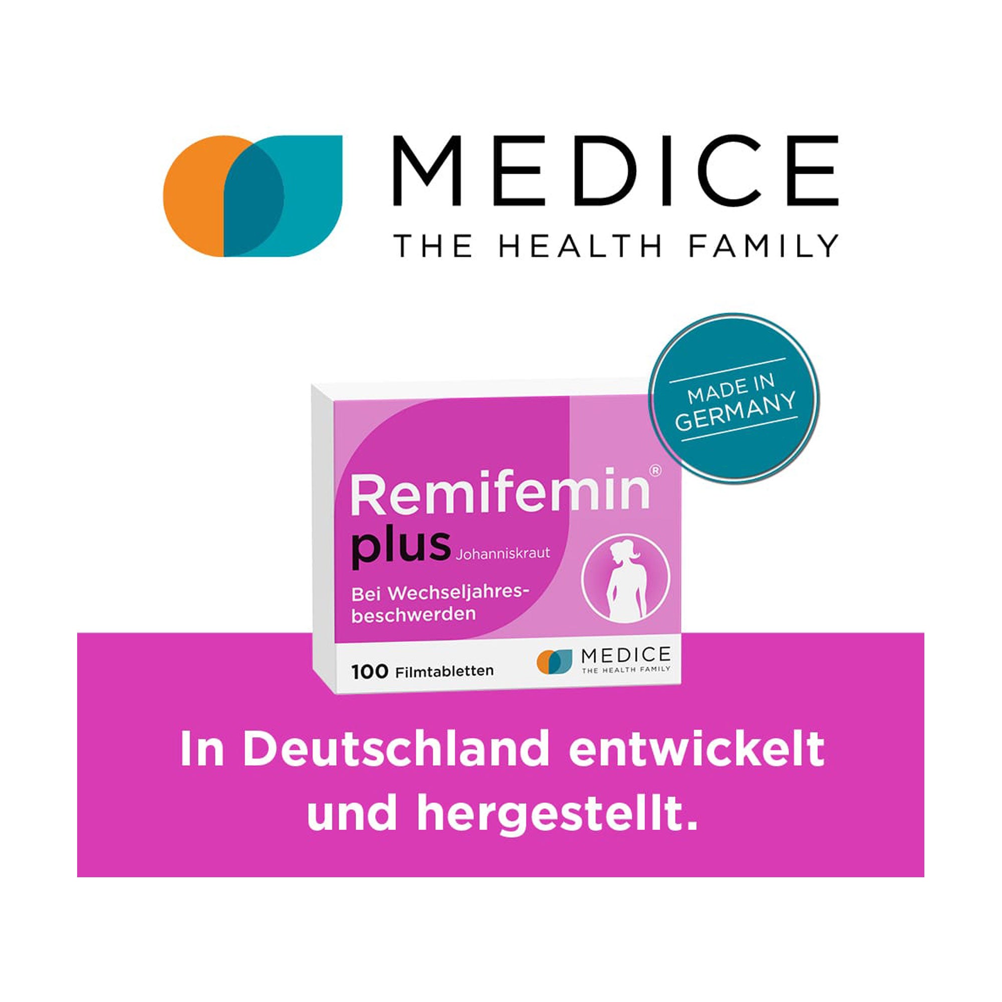 Grafik Remifemin plus Johanniskraut Filmtabletten In Deutschland entwickelt und hergestellt