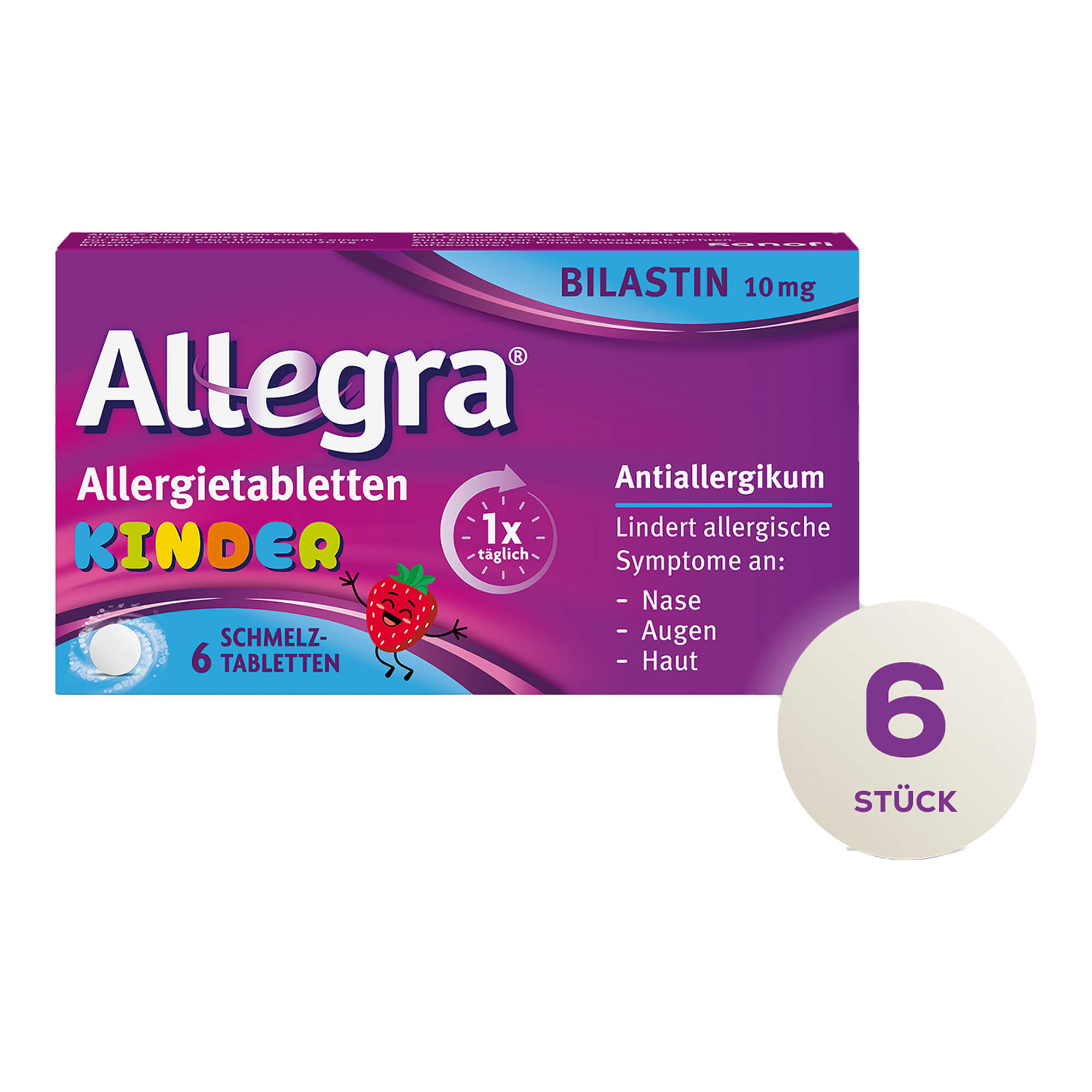 Schmelztabletten zur Linderung bei allergischen Symptomen wie Heuschnupfen oder Nesselsucht. Für Kinder im Alter von 6 bis 11 Jahren mit einem Körpergewicht von mind. 20 kg.