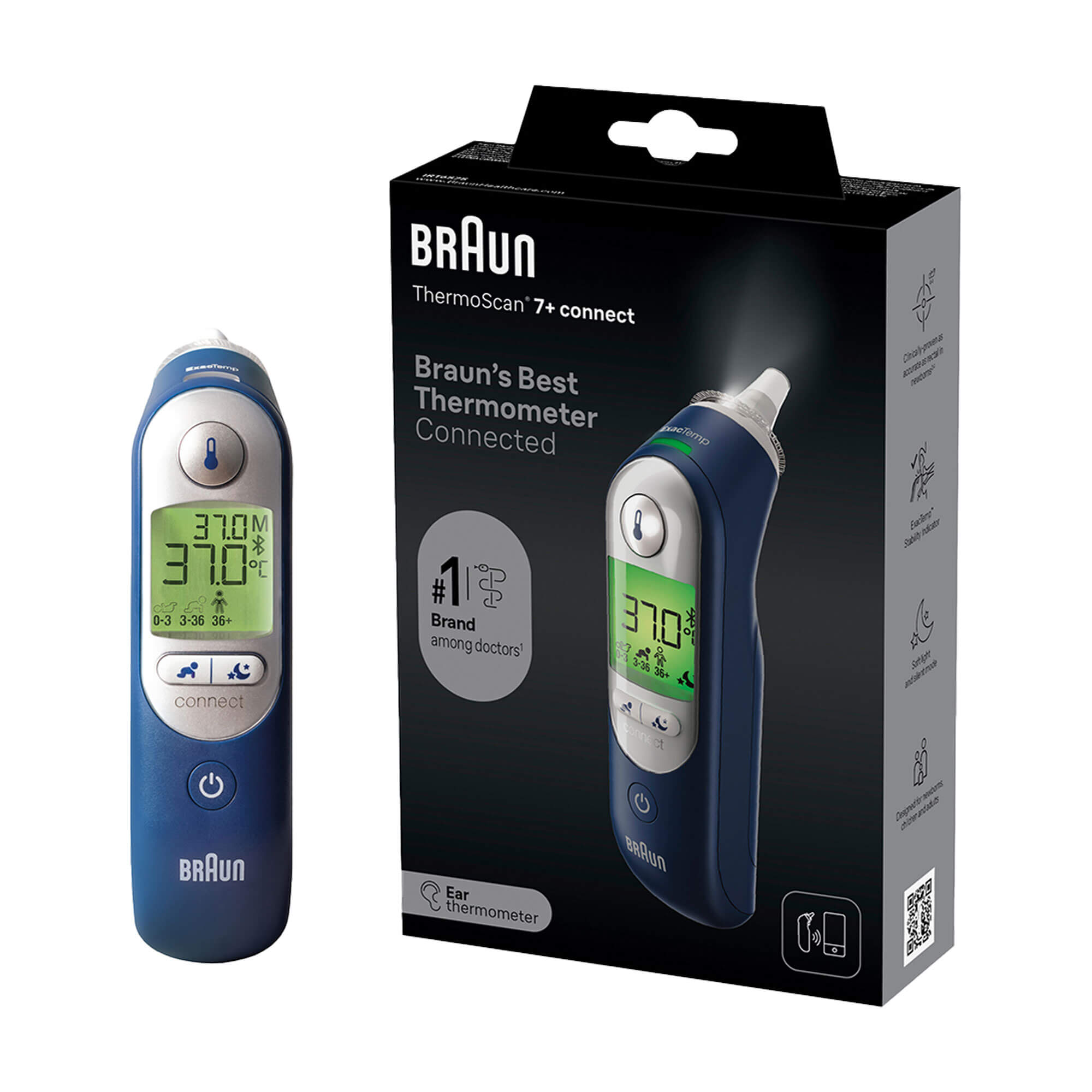 Ohrthermometer für Babys und Kleinkinder. Mit Braun Family Care-App per Bluetooth nutzbar.