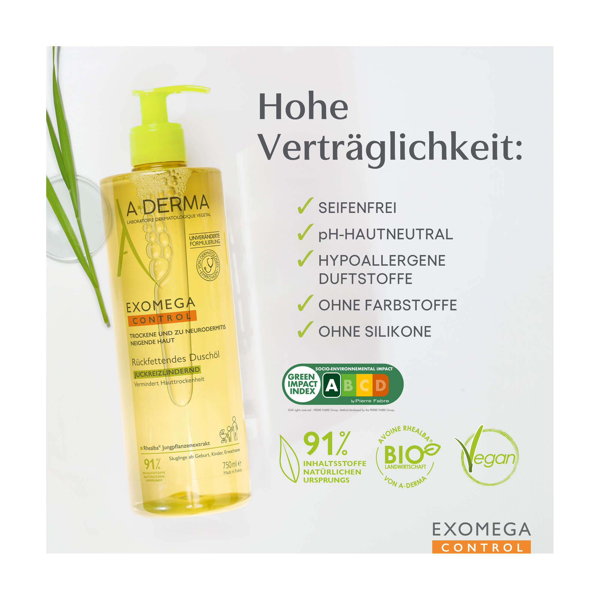 Grafik A-Derma Exomega Control Duschöl Produktvorteile