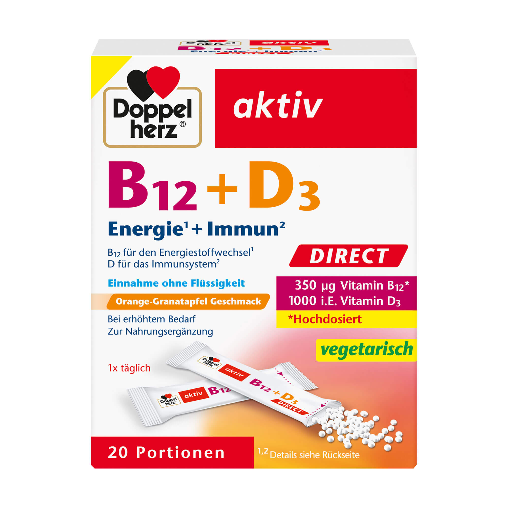 Nahrungsergänzungsmittel mit Vitamin B12, Vitamin D und Orange-Granatapfel-Geschmack.