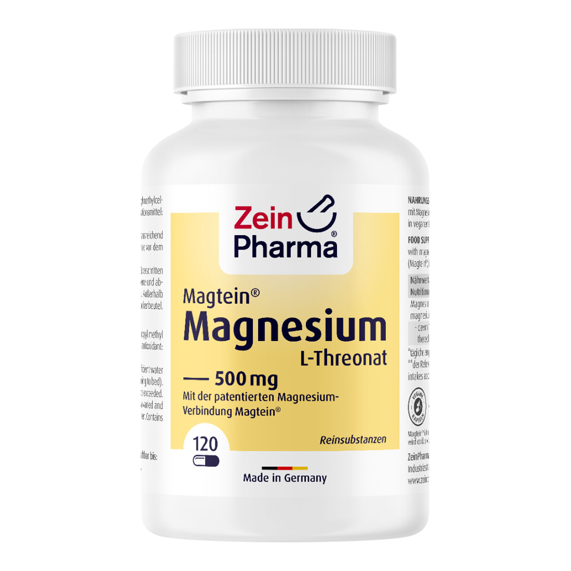 Nahrungsergänzungsmittel mit Magnesium in Form von Magnesium-L-Threonat (Magtein®) in veganen Kapseln.