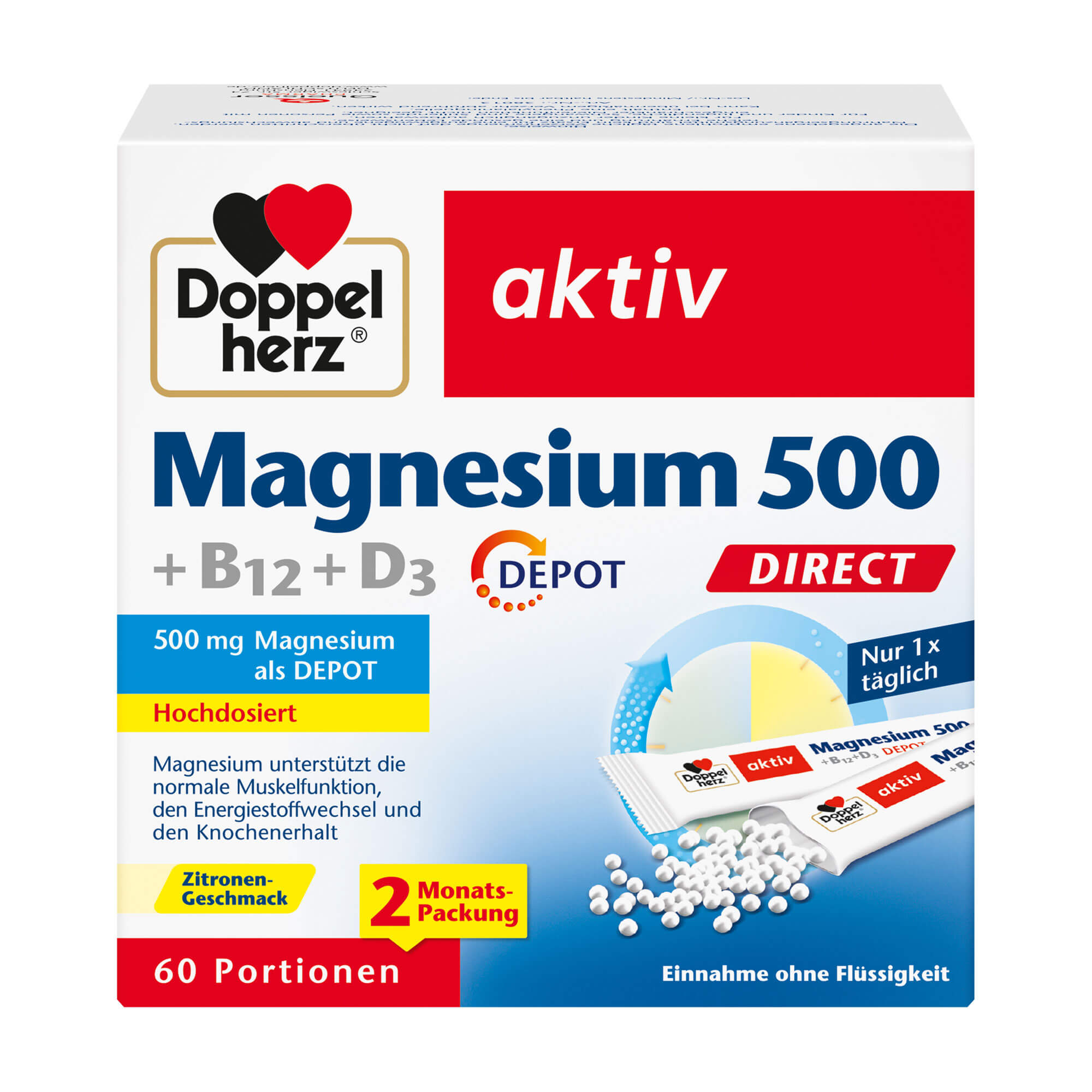 Nahrungsergänzungsmittel mit Magnesium, Vitamin B12, Vitamin D und Zitronen-Geschmack. Vorteilspackung.