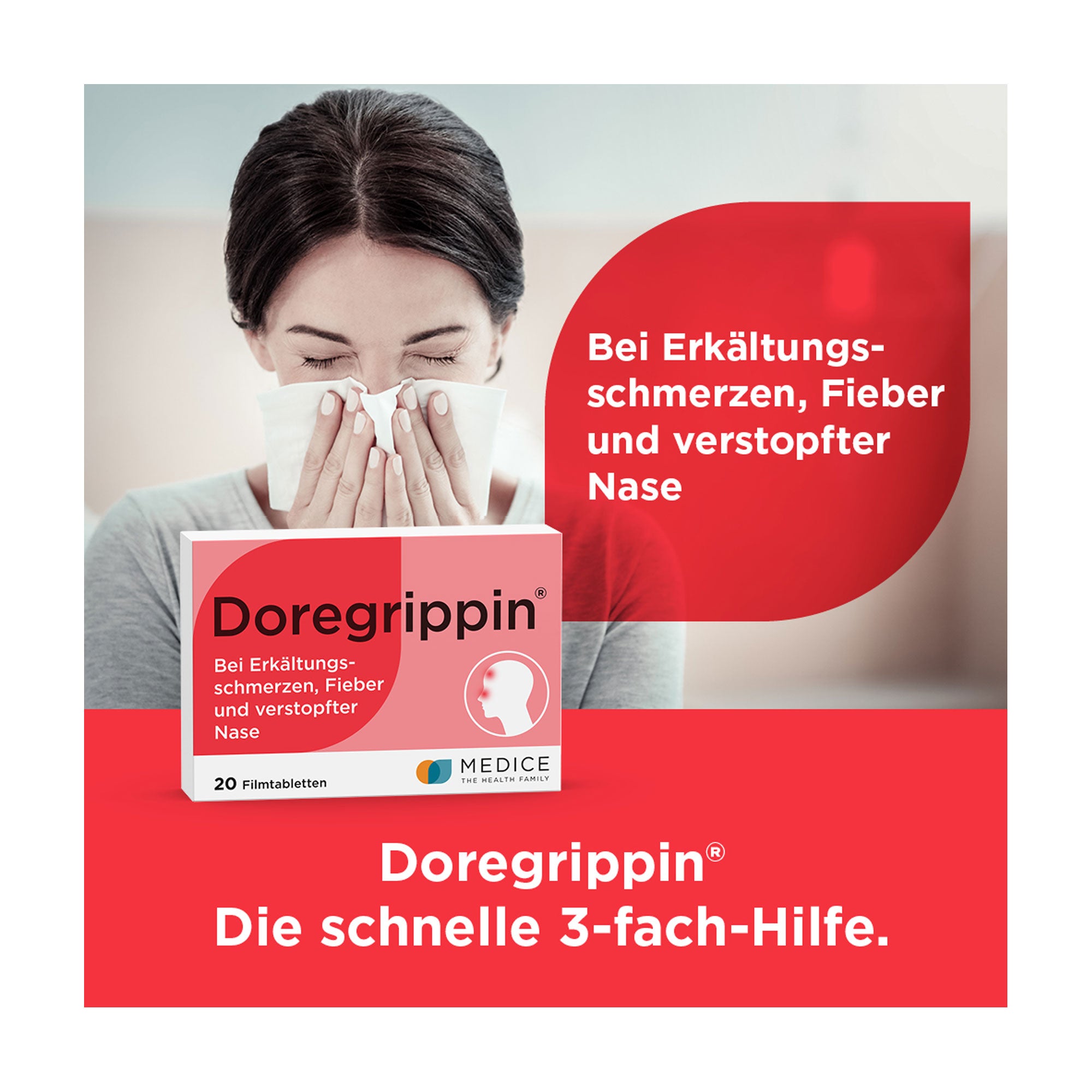 Grafik Doregrippin Tabletten Bei Erkältungsschmerzen, Fieber und verstopfter Nase