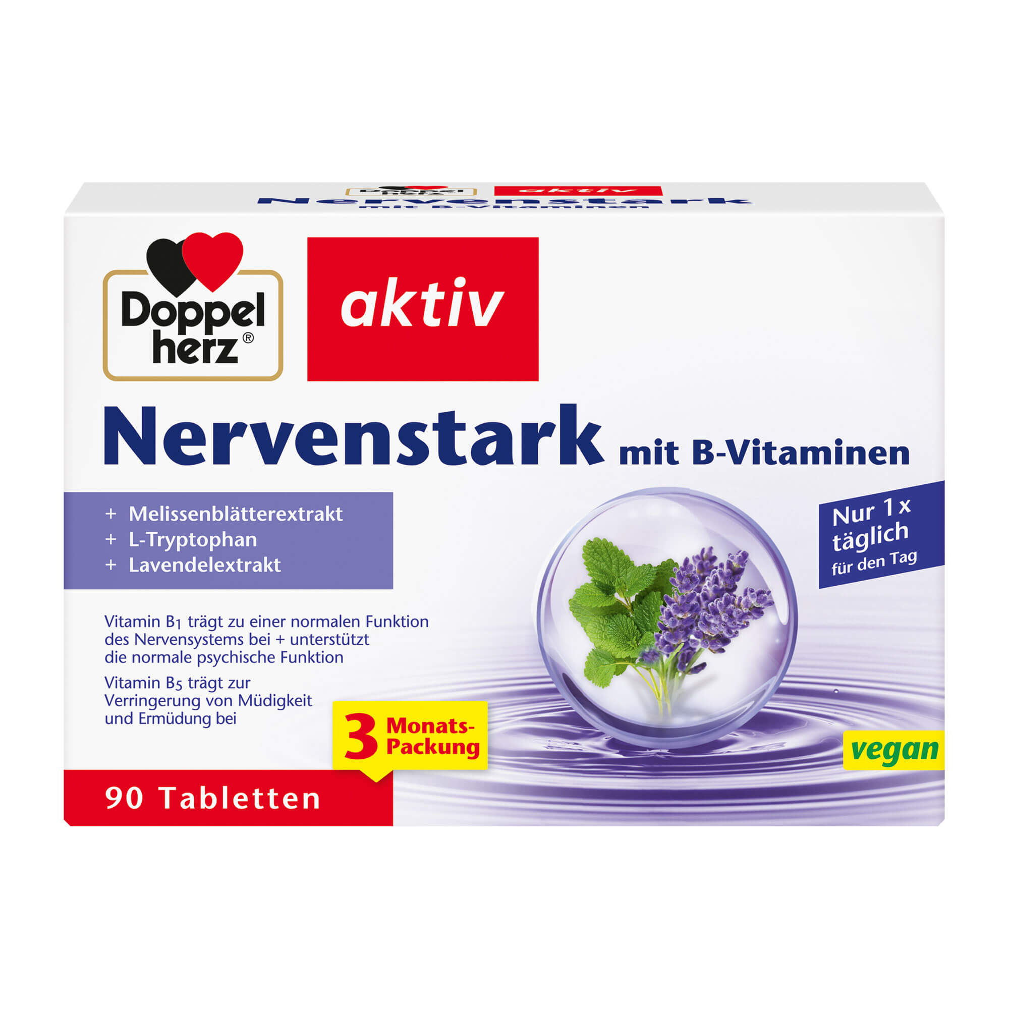 Nahrungsergänzungsmittel mit Melissenblätterextrakt, L-Tryptophan, Lavendelblütenextrakt, Zink, Vitamin B1, Pantothensäure und Biotin.