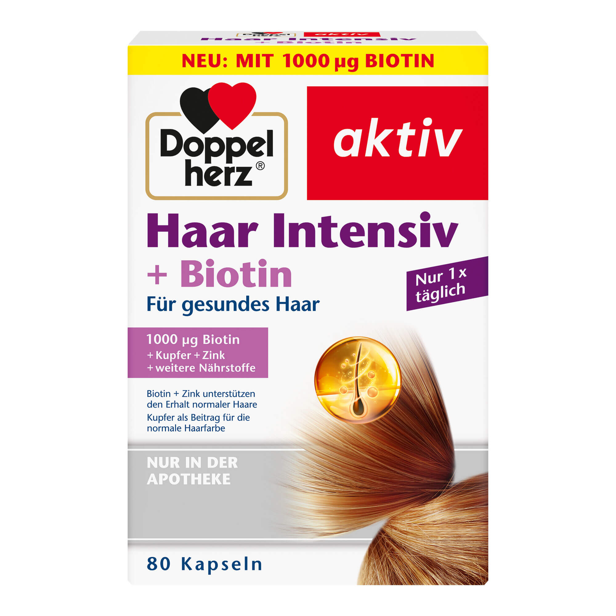 Nahrungsergänzungsmittel für gesundes Haar. Mit 1000 µg Biotin.