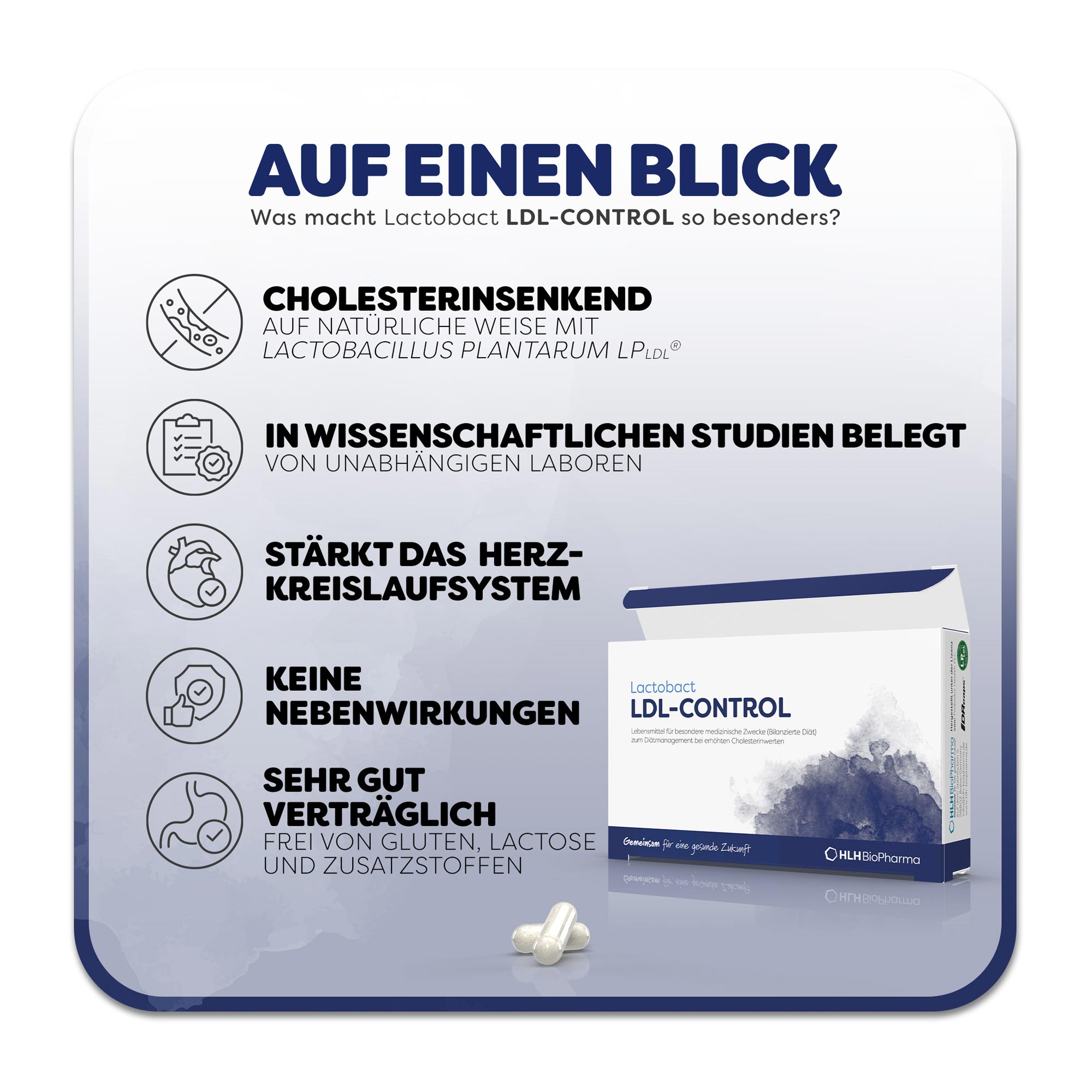 Grafik Lactobact LDL-Control magensaftresistente Kapseln Merkmale auf einen Blick