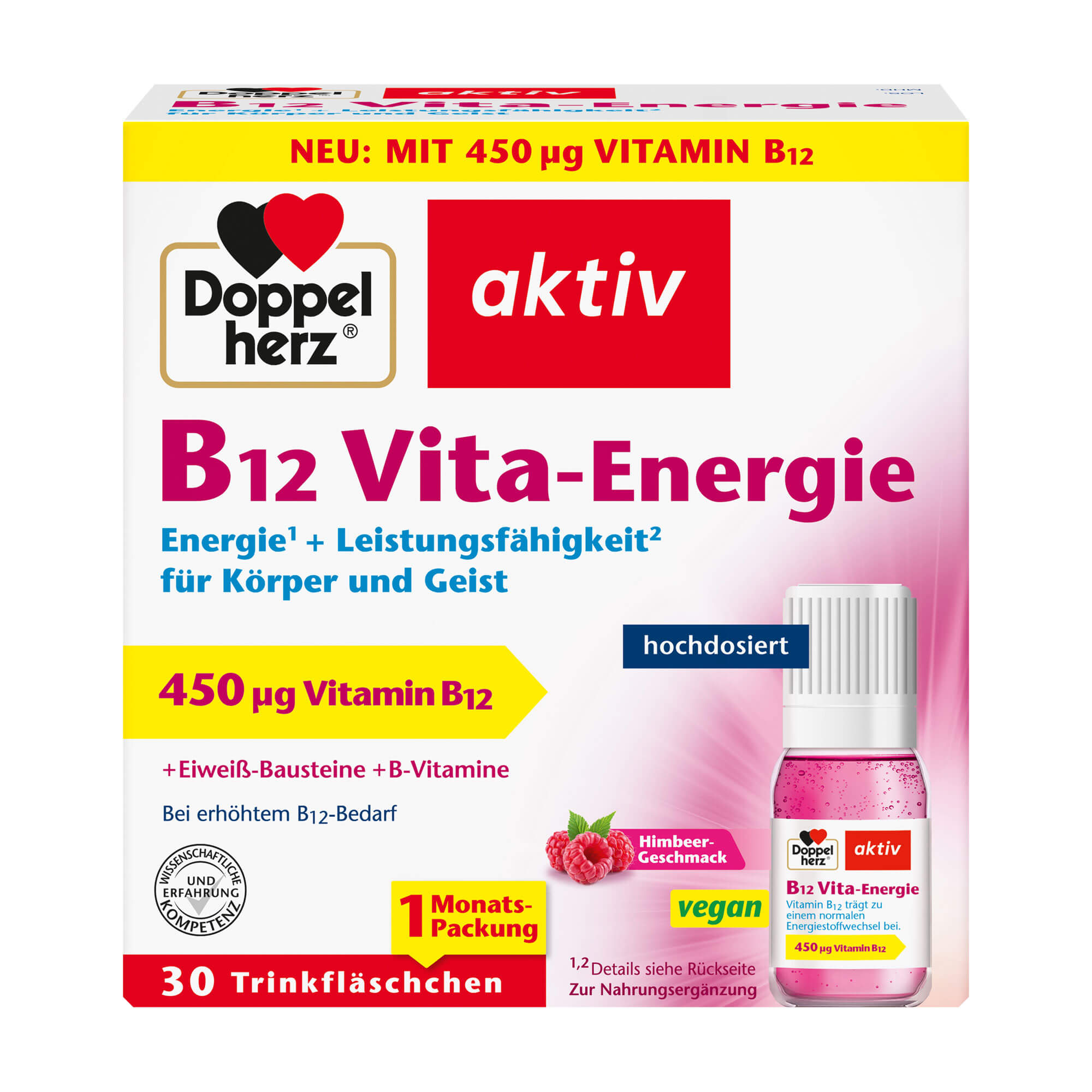 Nahrungsergänzungsmittel mit Vitamin B12, B1, B6, Niacin und Aminosäuren. Mit Himbeer-Geschmack. Monatspackung.