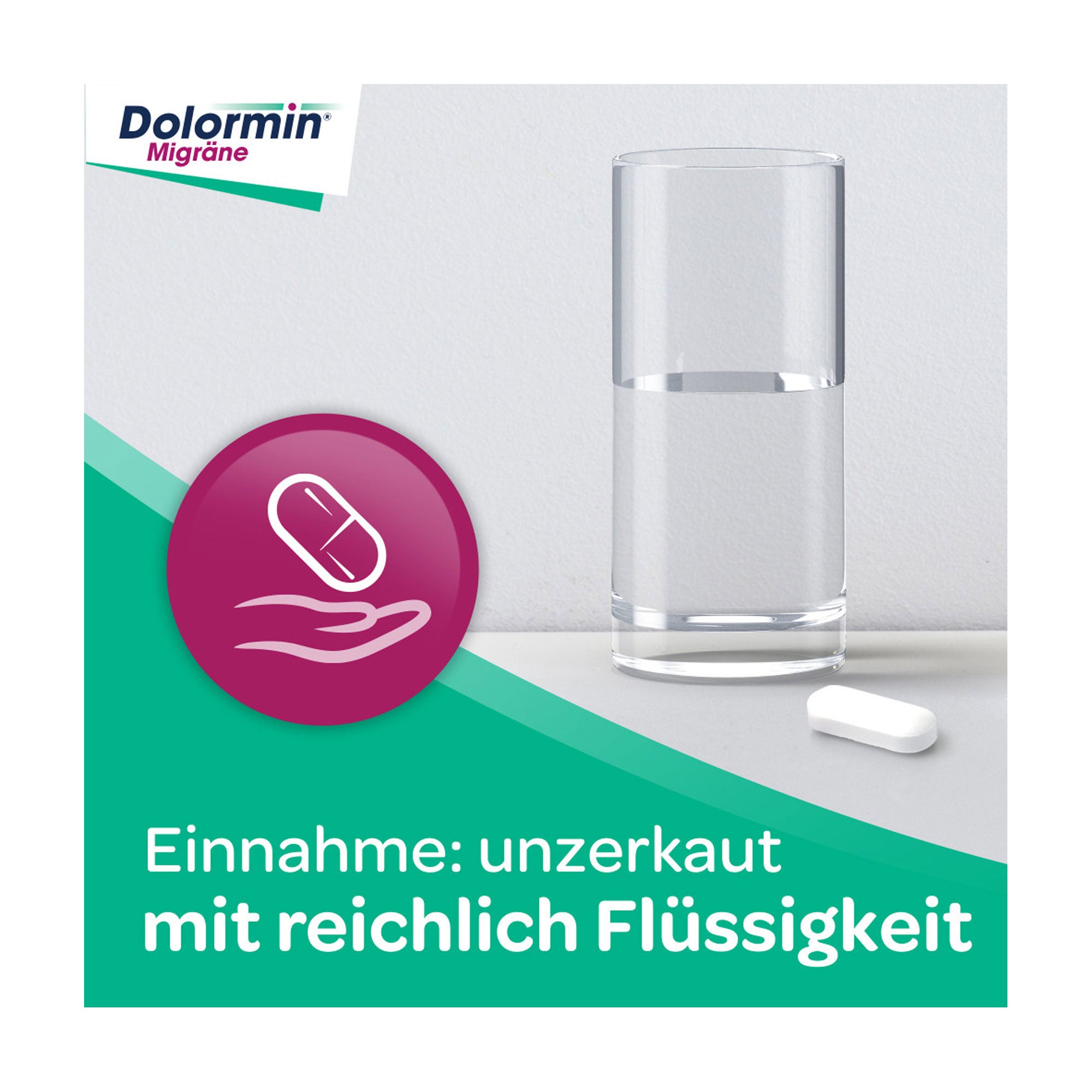 Grafik Dolormin Migräne Filmtabletten Einnahme unzerkaut mit reichlich Flüssigkeit