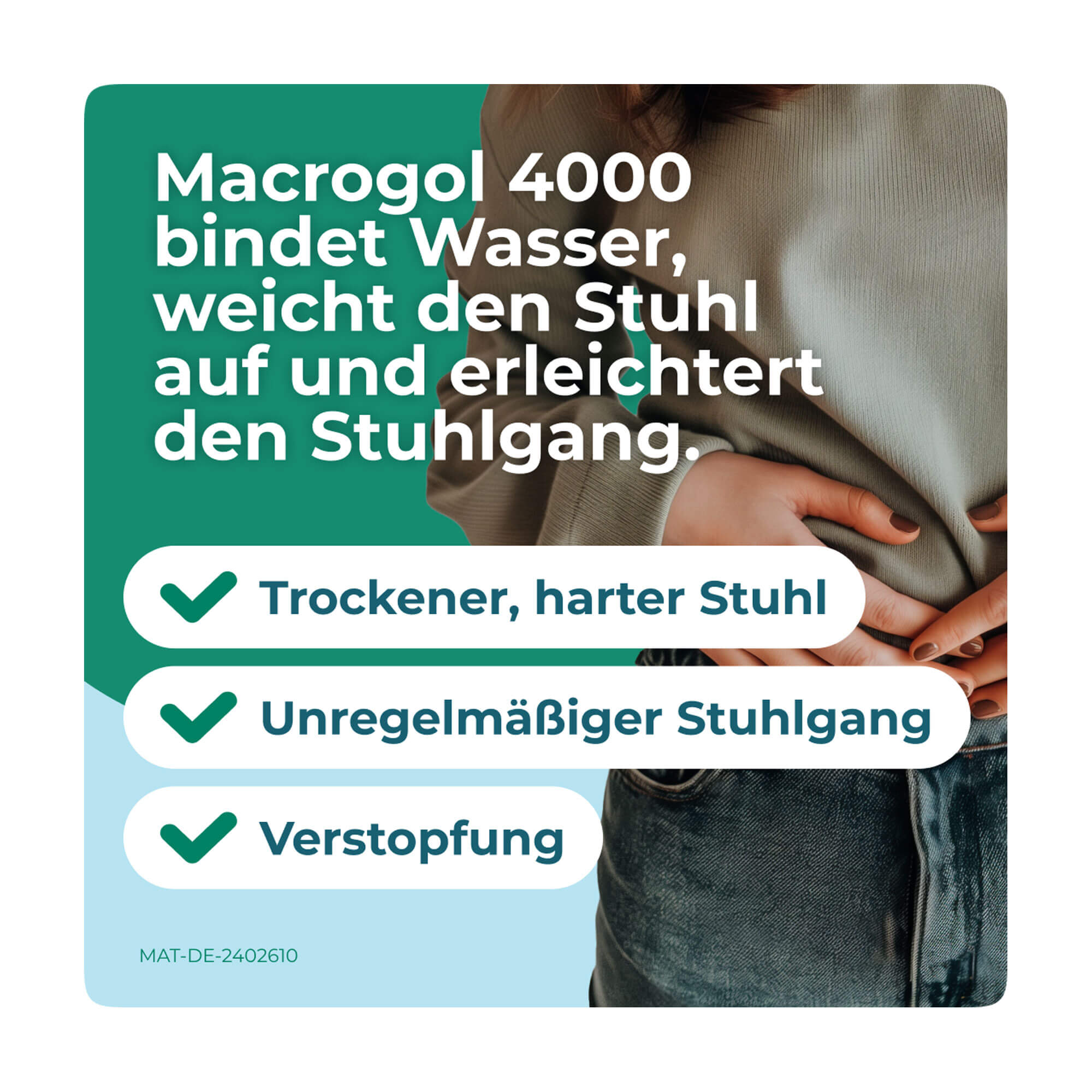 Grafik DulcoSoft Lösung Macrogol 4000 bindet Wasser, weicht den Stuhl auf und erleichtert den Stuhlgang