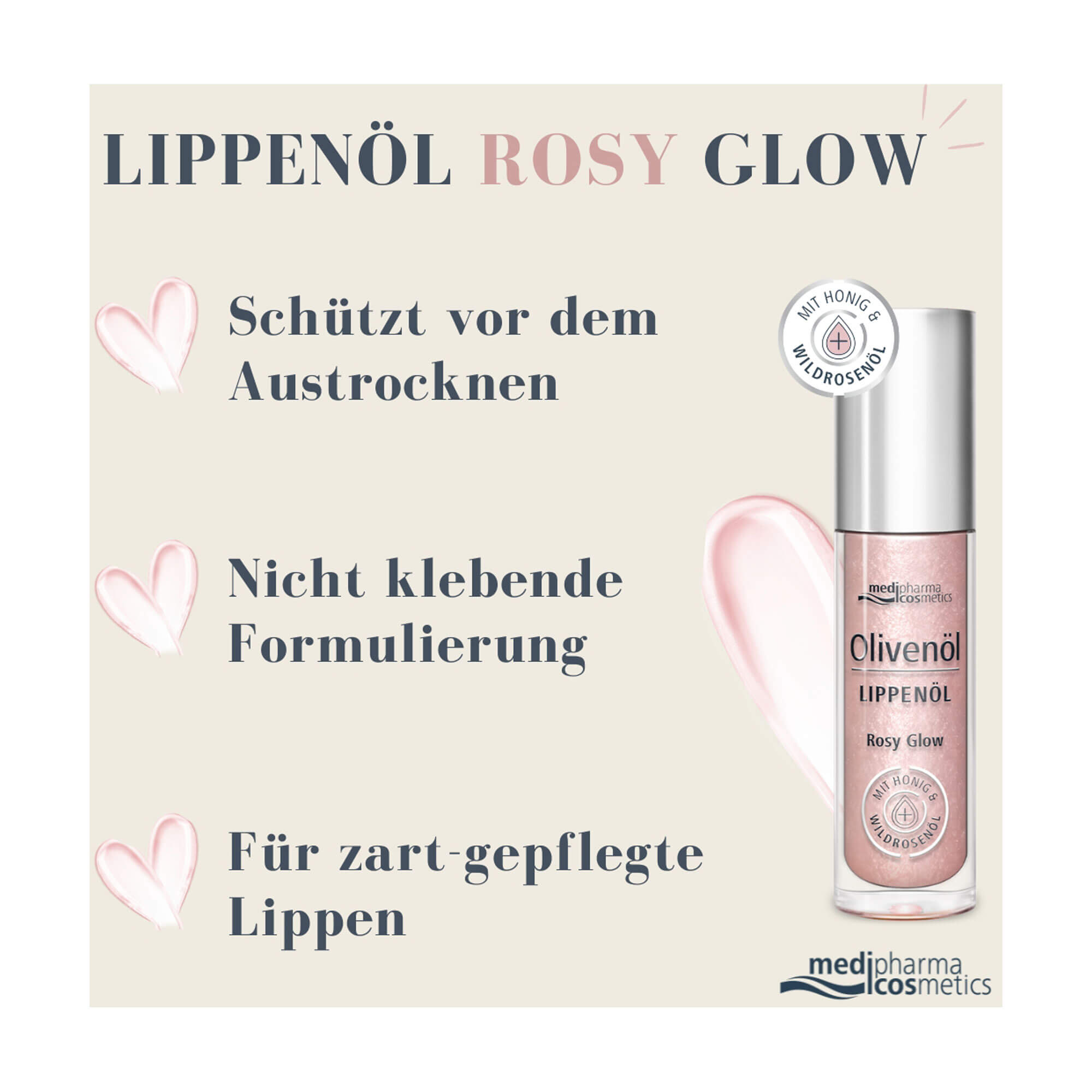 Grafik Olivenöl Lippenöl Rosy Glow Produktmerkmale