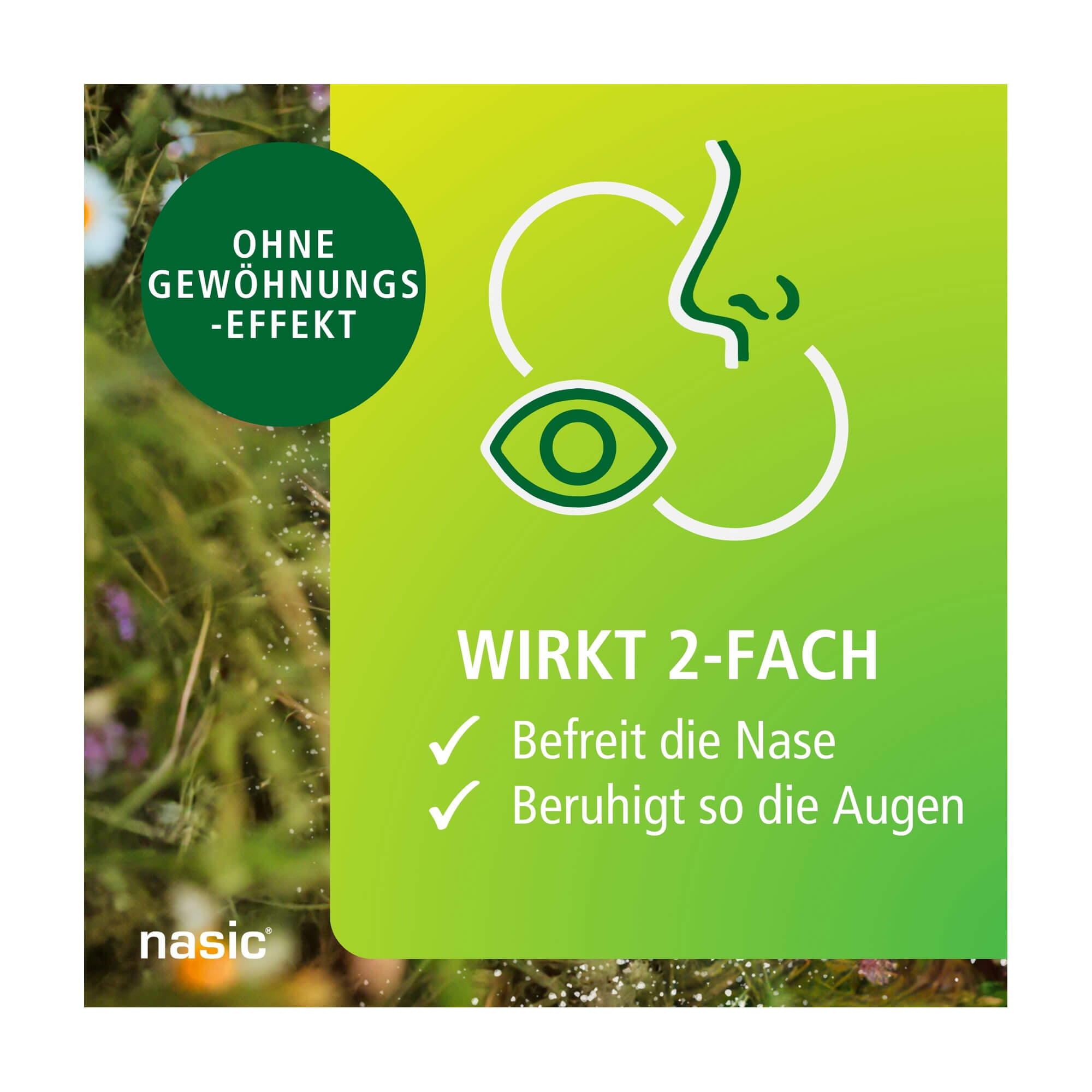 Grafik nasic Mometason Heuschnupfenspray Befreit die Nase und beruhigt so die Augen. Ohne Gewöhnungseffekt