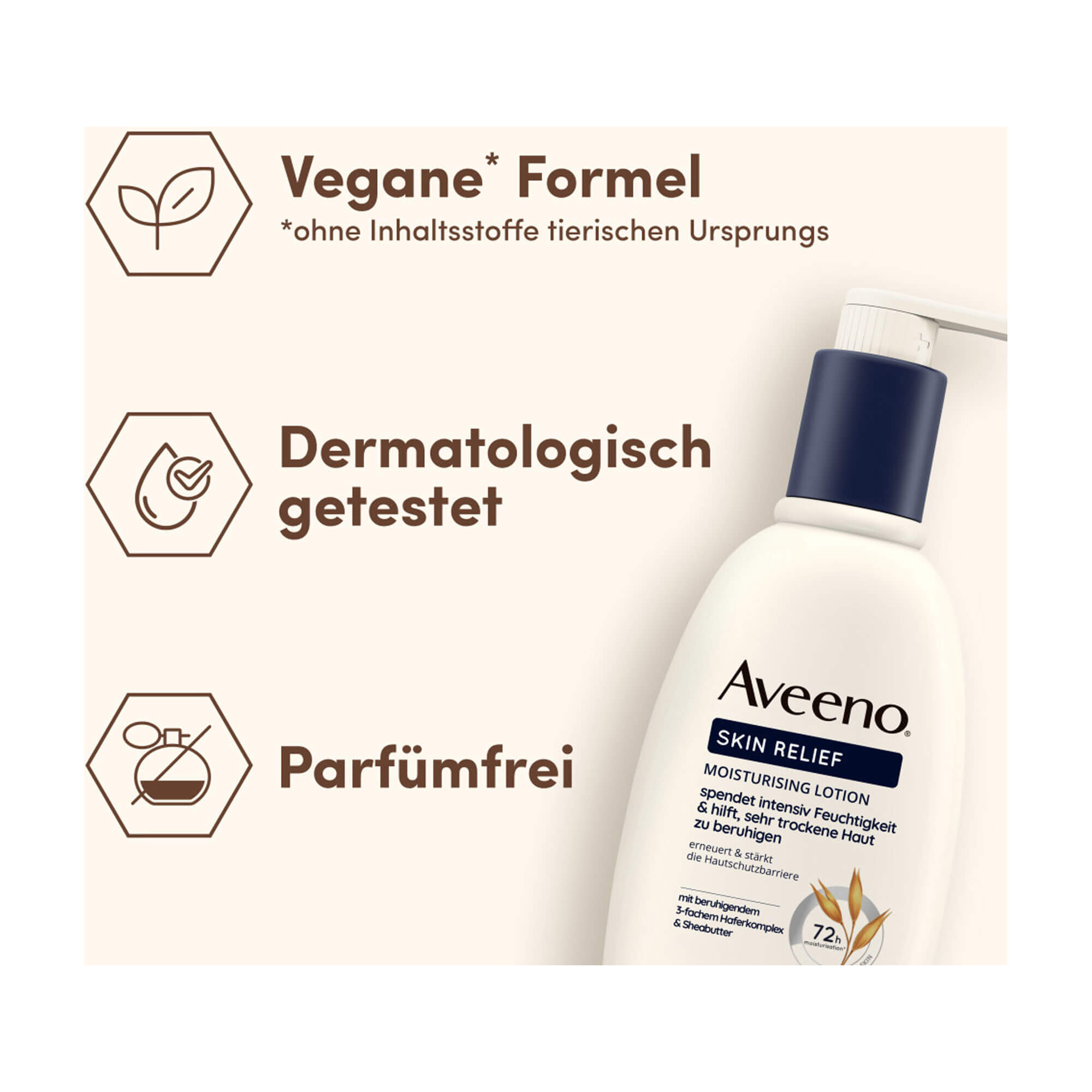 Grafik Aveeno Skin Relief Body Lotion Vegane* Formel. Dermatologisch getestet. Parfümfrei.