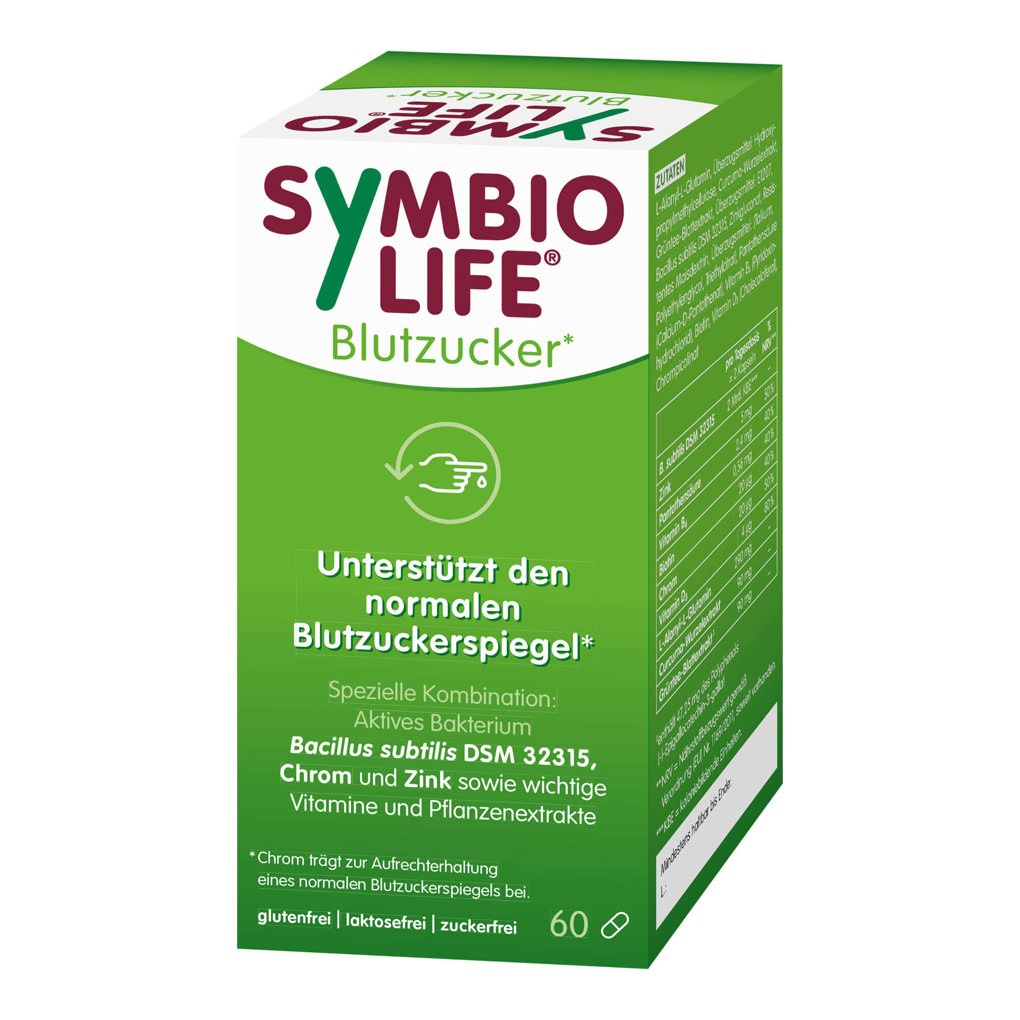 Kombiniert den aktiven Bakterienstamm Bacillus subtilis DSM 32315 mit Chrom und Zink sowie wichtigen Vitaminen und ausgewählten Pflanzenextrakten und unterstützt so den normalen Blutzuckerspiegel.*