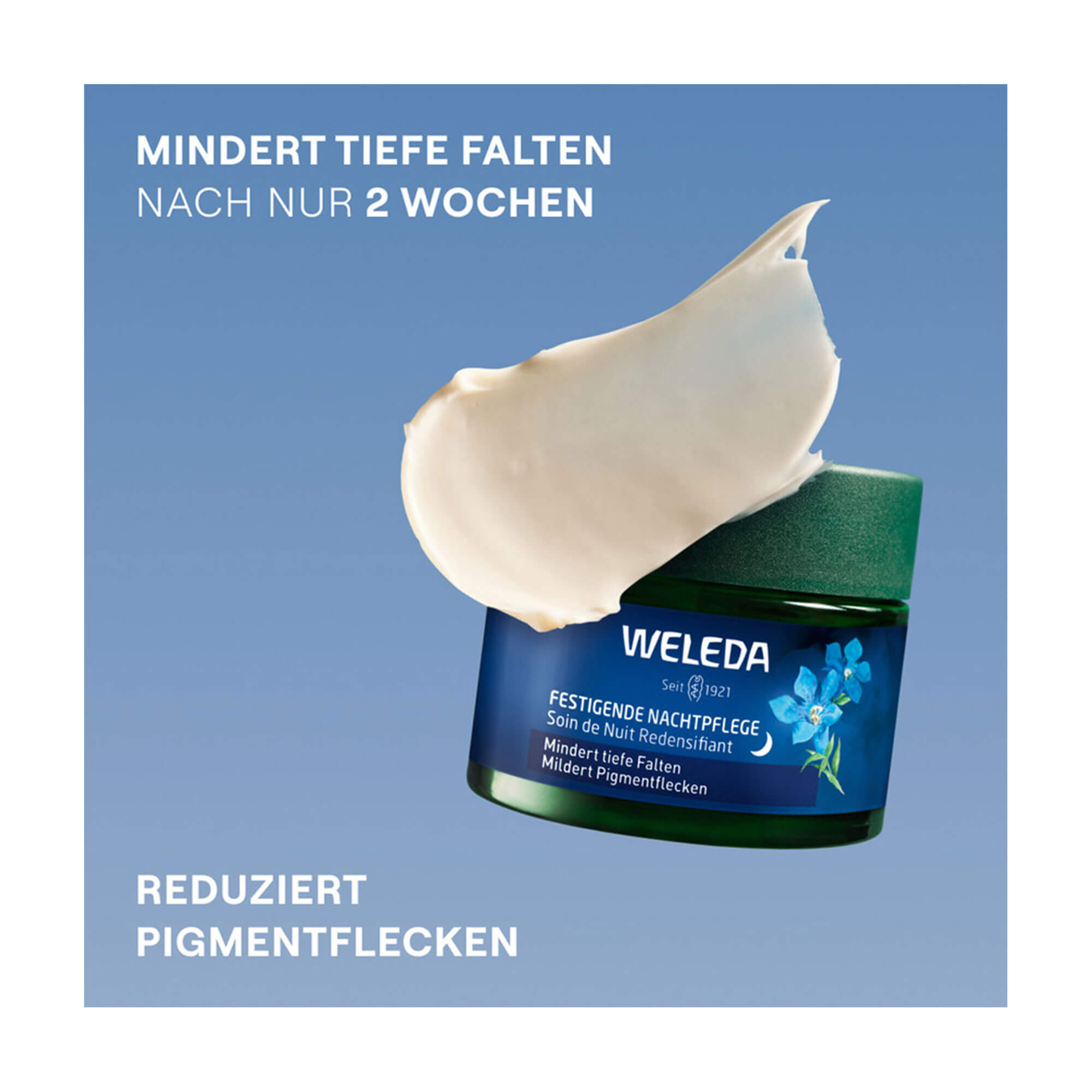 Grafik Weleda Festigende Tagespflege Blauer Enzian & Edelweiß Mindert tiefe Falten nach nur 2 Wochen. Reduziert Pigmentflecken.