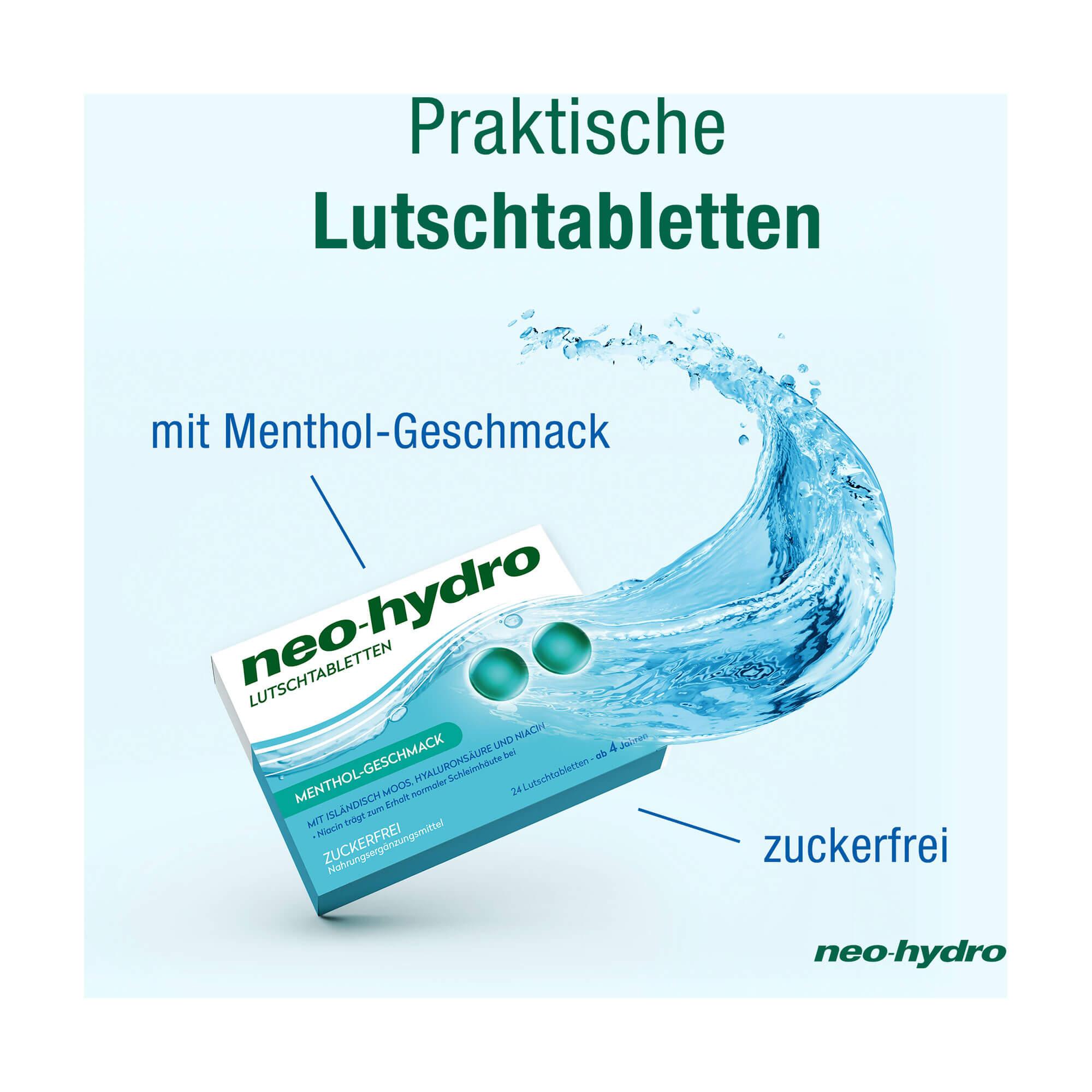 Grafik neo-hydro Lutschtabletten Praktische zuckerfreie Lutschtabletten mit Menthol-Geschmack