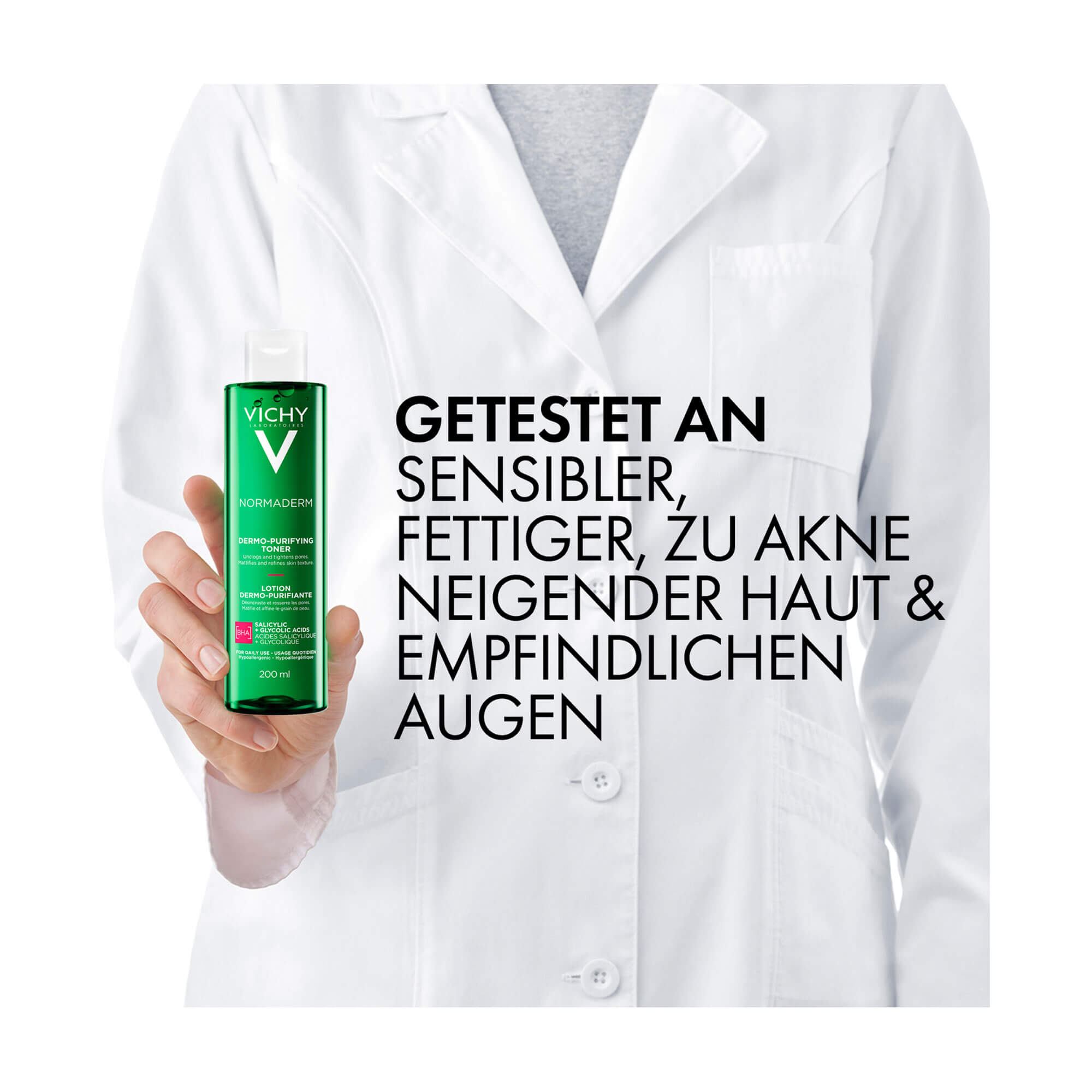 Grafik Vichy Normaderm Porenklärende Reinigungs-Lotion Getestet an sensibler, fettiger, zu Akne neigender Haut und empfindlichen Augen