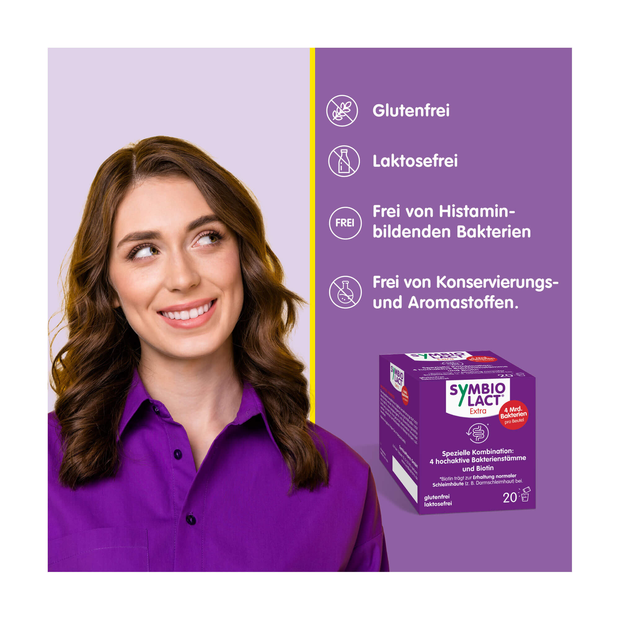 Grafik SymbioLact Extra Pulver Gluten- und laktosefrei. Frei von Histaminbildenden Bakterien. Frei von Konservierungs- und Aromastoffen