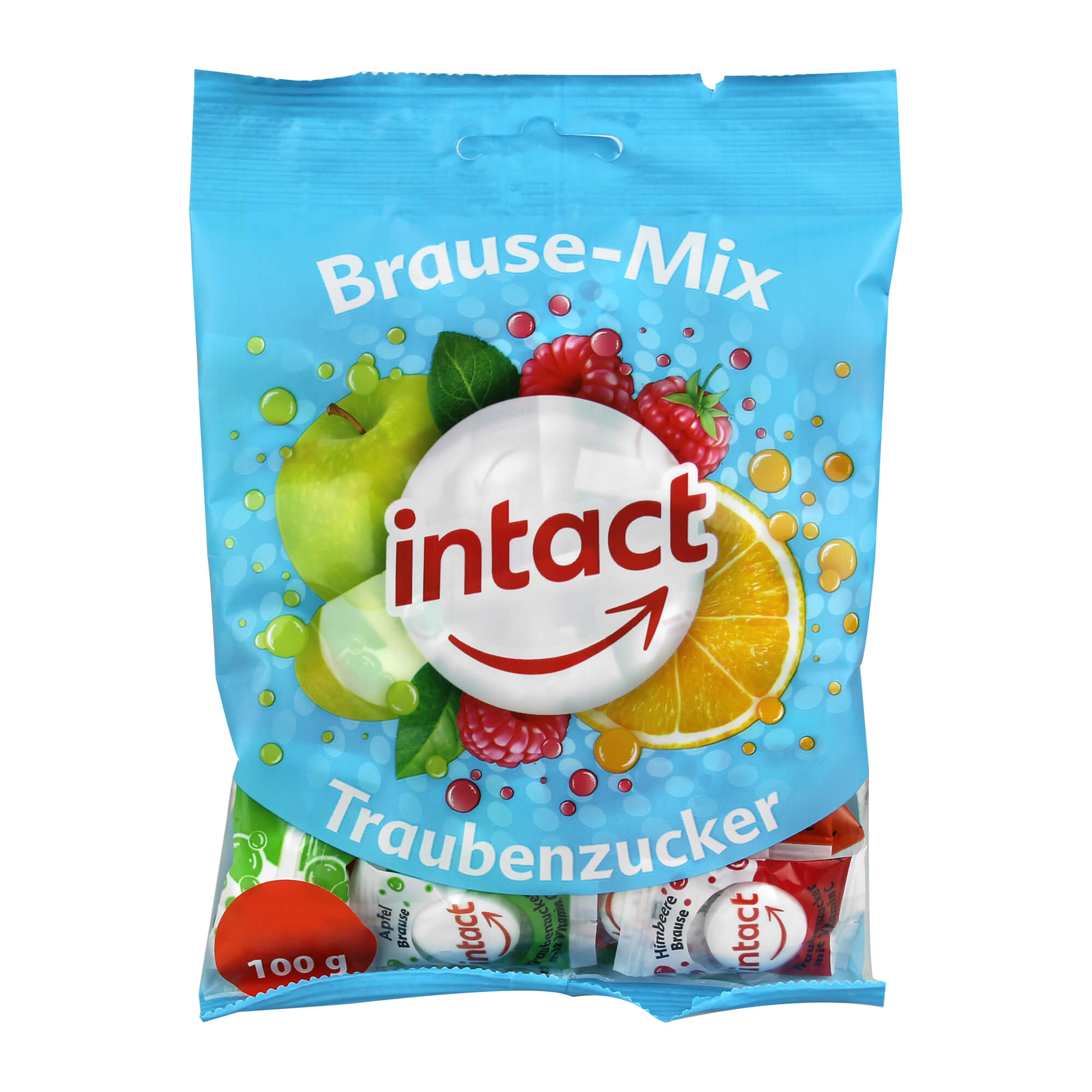 Traubenzuckerbonbons mit Apfel-, Himbeer-, Orangengeschmack und Vitamin C.