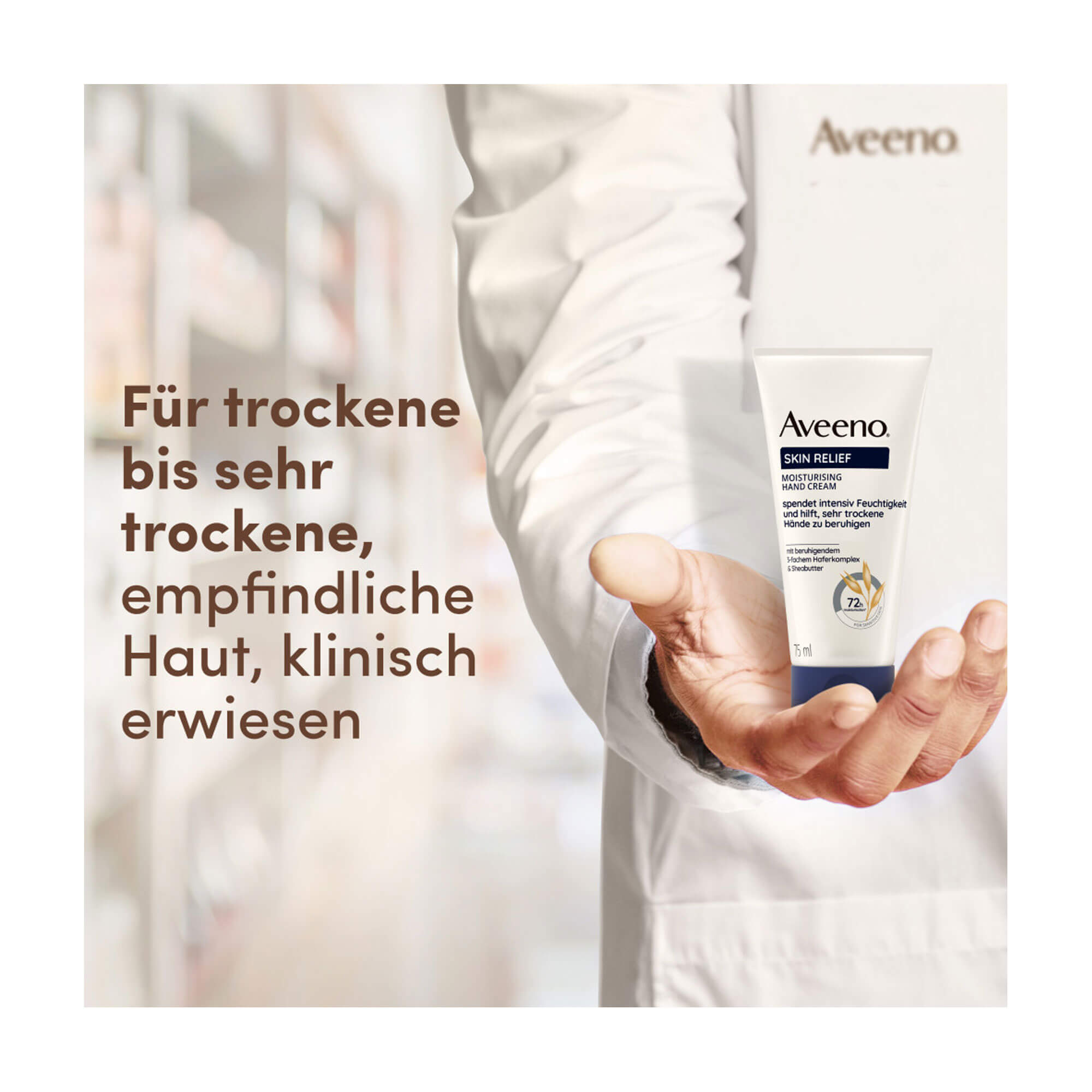 Grafik Aveeno Skin Relief Handcreme Für trockene bis sehr trockene, empfindliche Haut. Klinisch erwiesen.