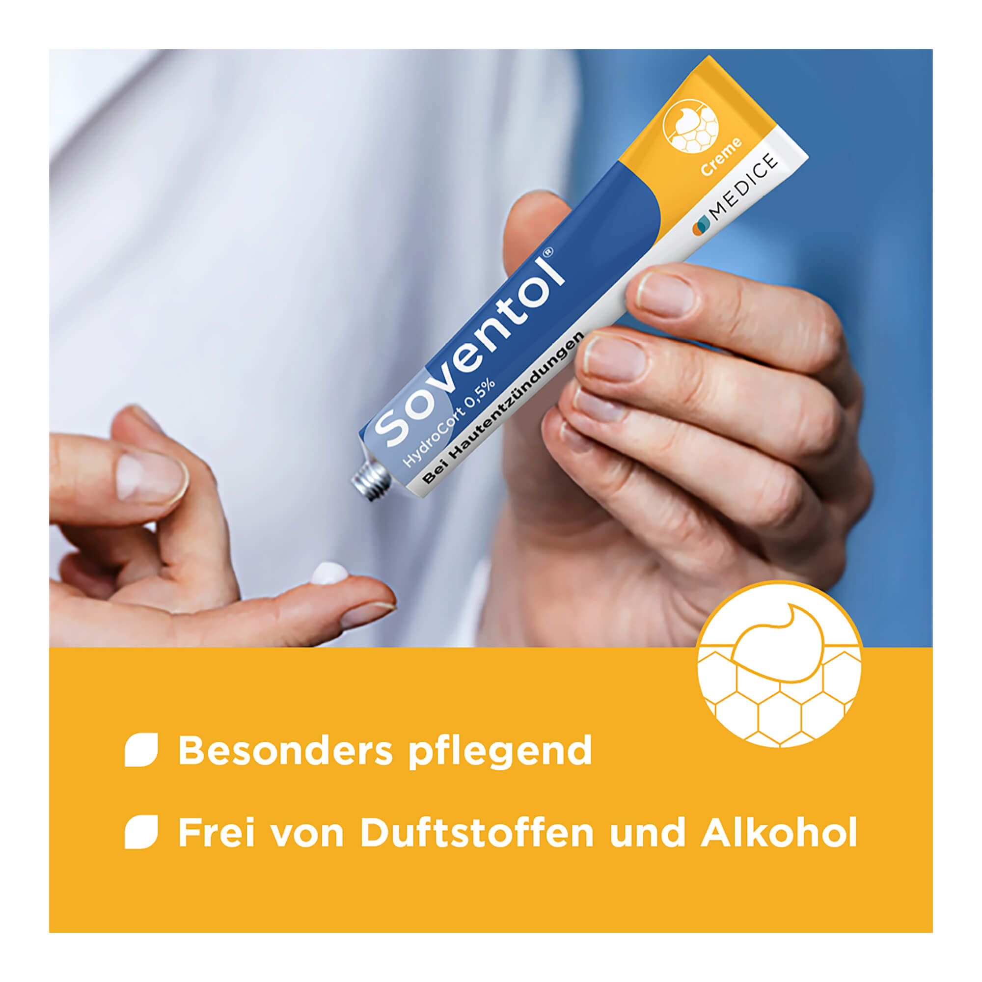 Grafik Soventol Hydrocort 0,5% Creme Besonders pflegend. Frei von Duftstoffen und Alkohol