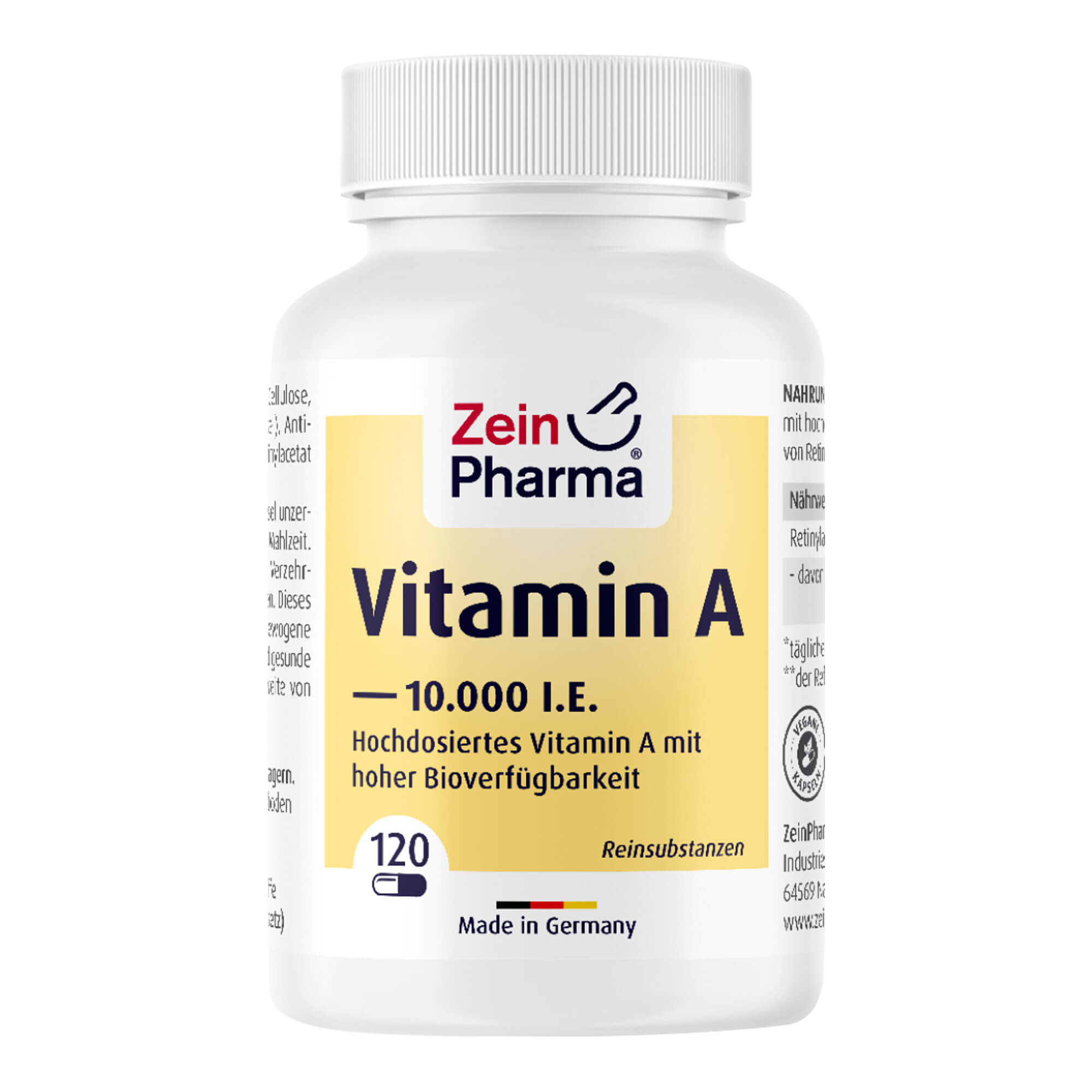 Nahrungsergänzungsmittel mit hochdosiertem Vitamin A in Form von Retinylacetat in veganen Kapseln.